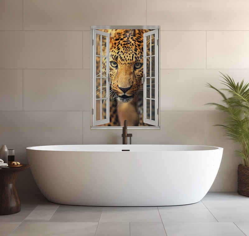 Wallario Wandfolie, Leopard in Nahaufnahme beim Laufen, mit Fenster-Illusion, wasserresistent, geeignet für Bad und Dusche