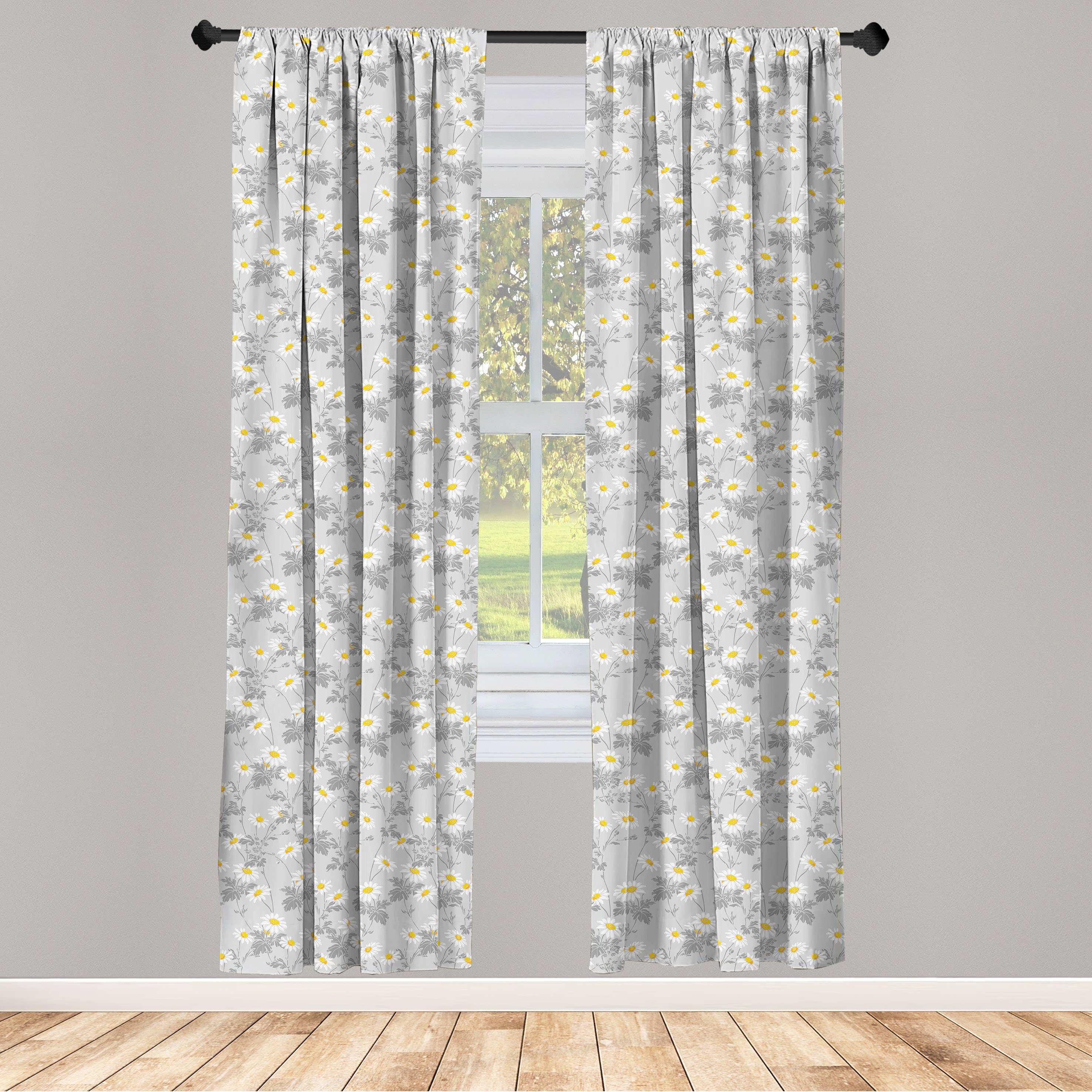 Tone Vorhang Gardine Abakuhaus, für Graustufen- Blumen Gänseblümchen-Ansicht Dekor, Microfaser, Wohnzimmer Schlafzimmer