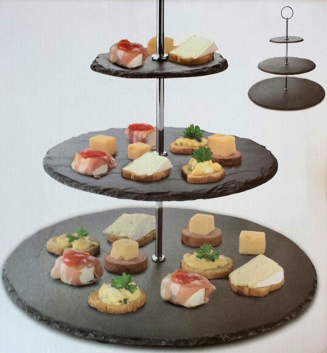 Spetebo Etagere Servier Etagere mit 3 Ablagen aus Schiefer, Schiefer, (Stück, 1-tlg., Servierständer), Servier Käse Wurst Tapas Platte mehrstöckig