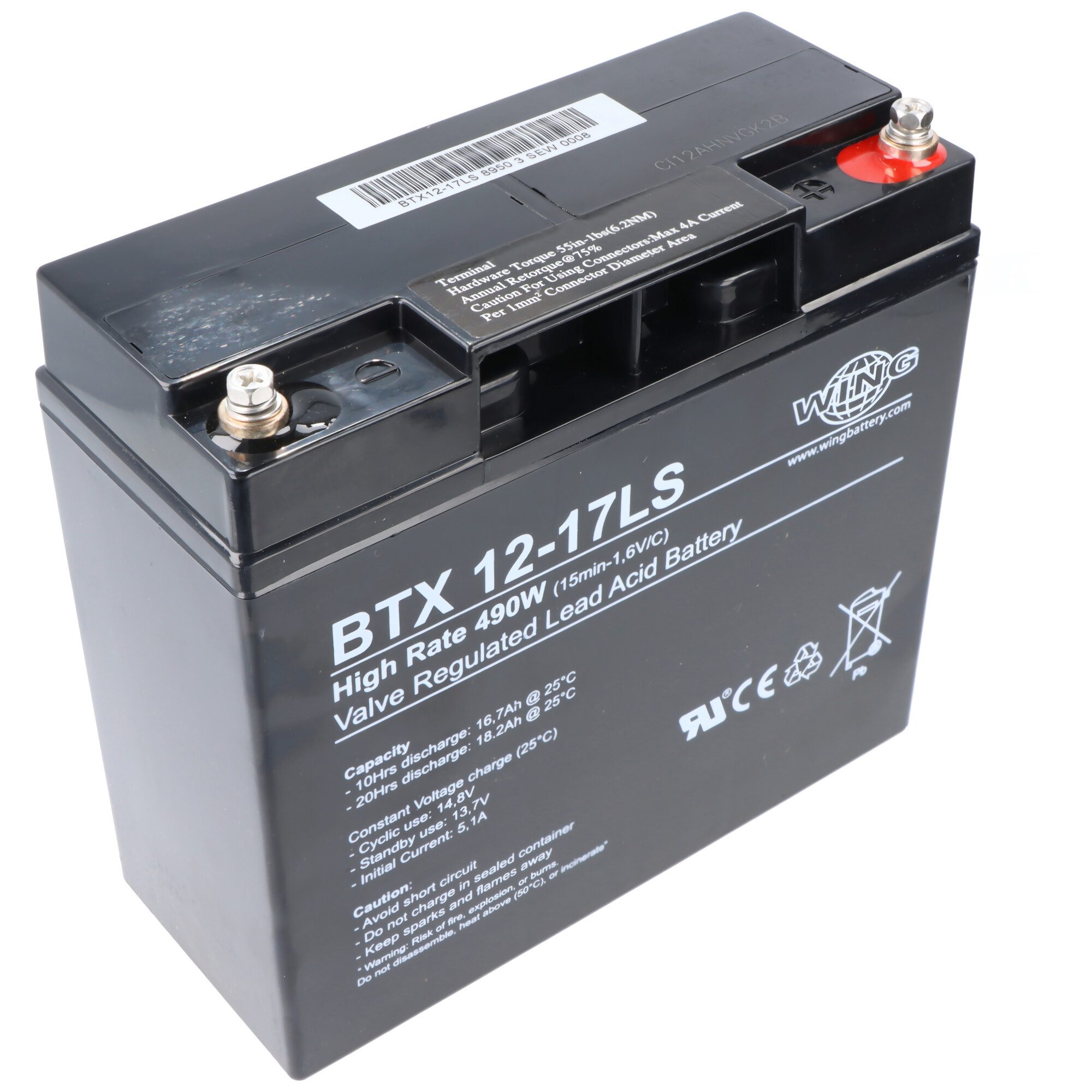 Wing Wing BTX12-17LS 12V 17Ah high rate hochstromfähig Bleiakku AGM Blei G Akku 17000 mAh (12,0 V)