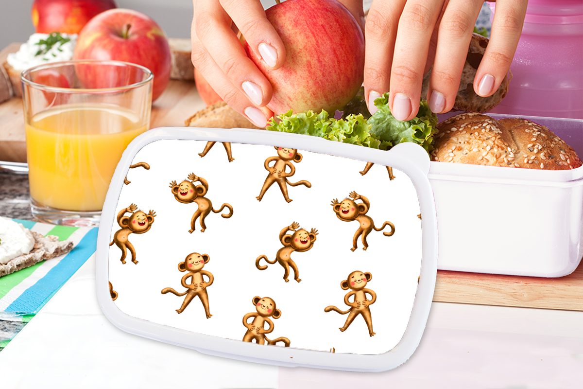 MuchoWow Lunchbox Dschungel Brotdose, für für Mädchen Erwachsene, - Kunststoff, Jungs und (2-tlg), Weiß, Affe Design und - Kinder - Brotbox