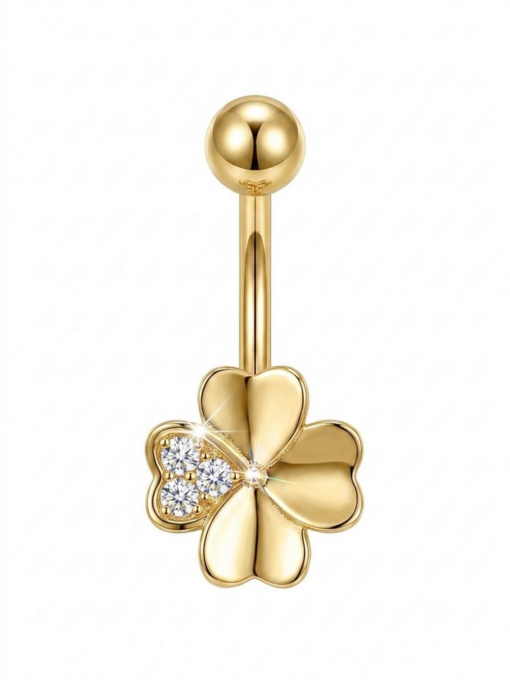 Karisma Schmuck Bauchnabelpiercing Kleeblatt Herz Chirurgenstahl 316L Vergoldet mit Zirkonia Kristallen, Bauchpiercing Glücksbringer