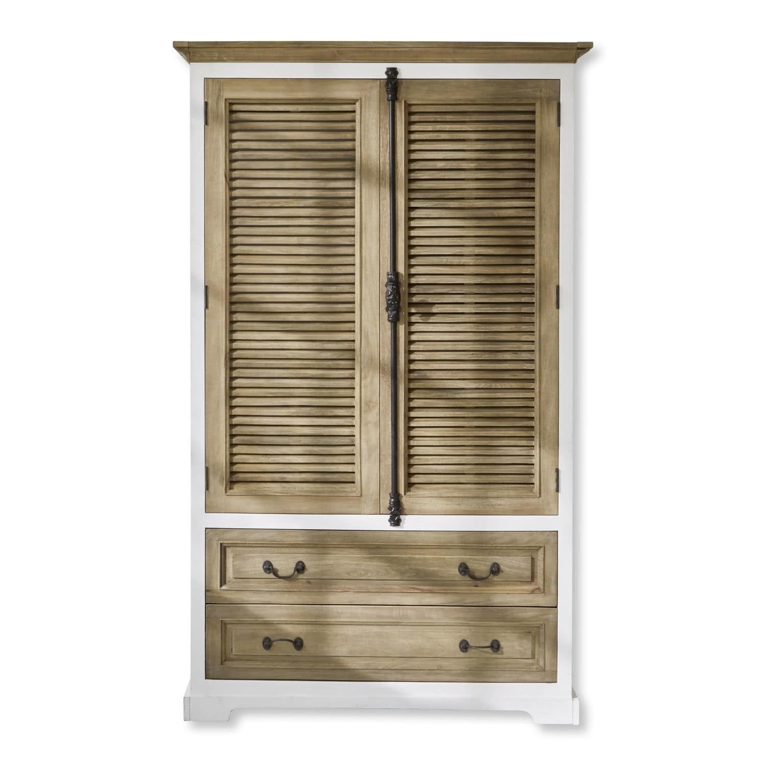 Mirabeau Kleiderschrank raffinierter Schrank Bureau aus Mangoholz im Landhausstil (handgefertigt, Lamellentüren, Kleiderstange, Ablagen & Schubladen) Garderobe, braun/weiß, B 110cm, H 180cm, T 60cm