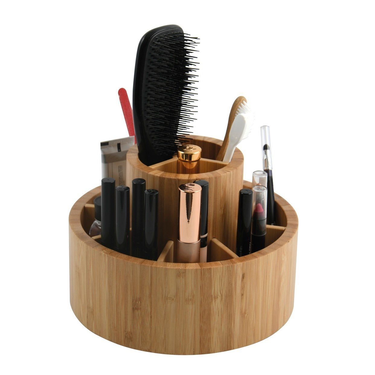 MSV Make-Up Organizer ISALYS, drehbarer Aufbewahrungsständer für Kosmetik und Schminkutensilien, Stifte und Büromaterial, Bambus, rund, 360° rotierend, 11 Aufbewahrungsfächer, 20 x 15,3 cm, Farbe natur