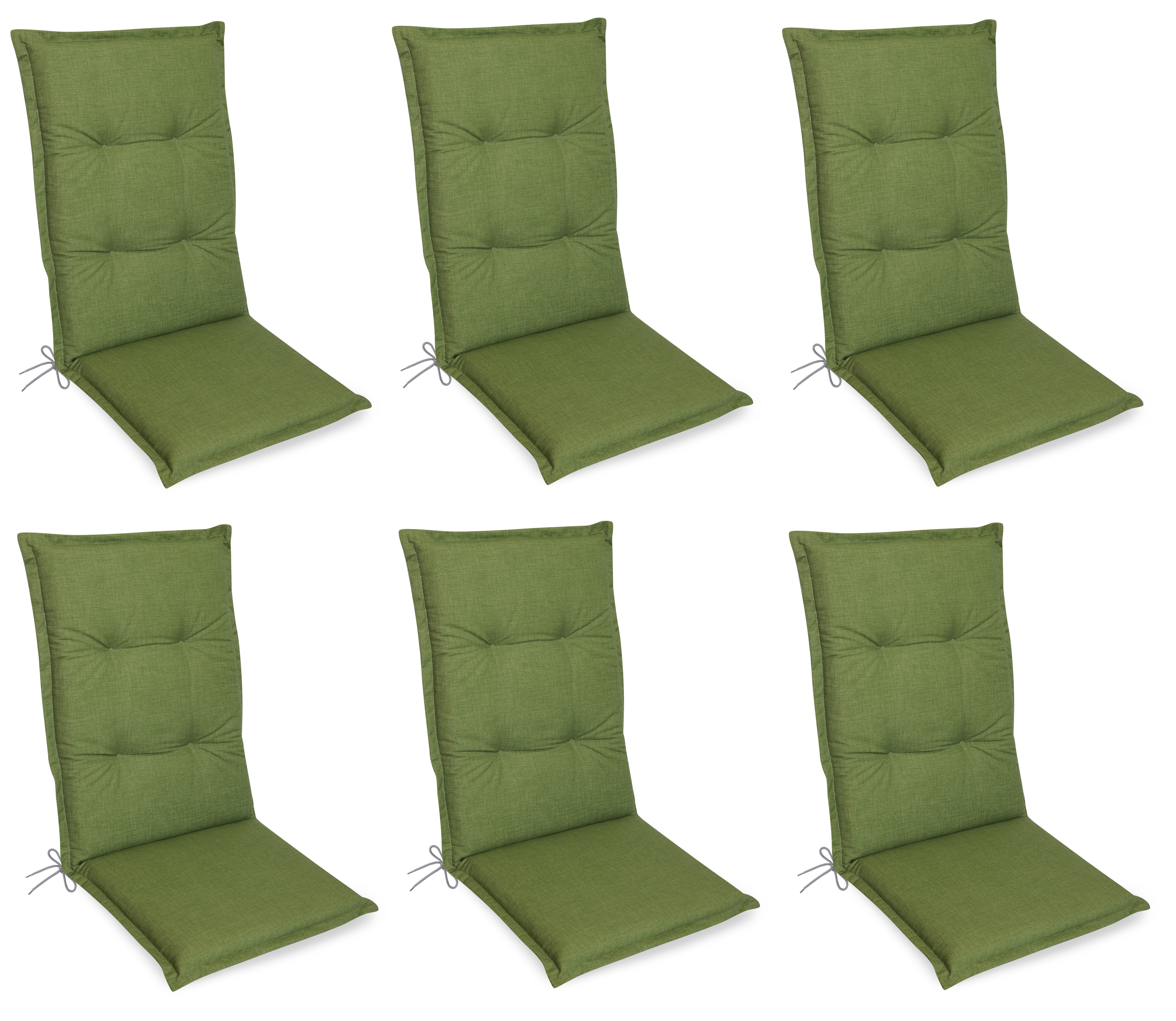 Gardissimo Hochlehnerauflage Premium grün 6 er Set Gartenstuhl Auflagen Kissen Polster Hochlehner, (Spar-Set, 6 St., 6 Auflagen), für Hochlehner-Stühle UV-beständig inkl. Bindebänder und Haltebänder