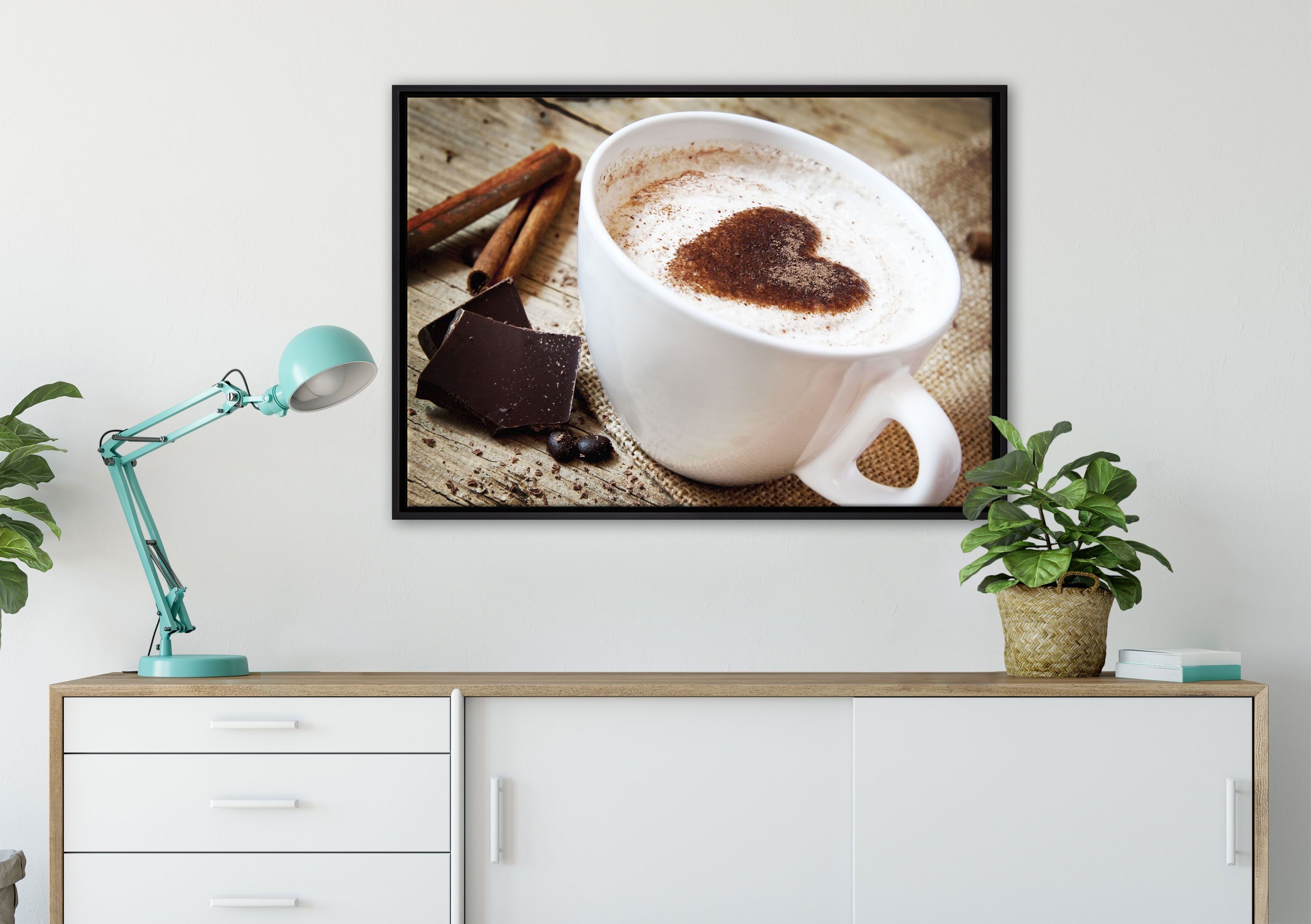 Pixxprint Leinwandbild Tasse Kaffee mit Schokolade, fertig Leinwandbild (1 Wanddekoration Schattenfugen-Bilderrahmen einem Zackenaufhänger inkl. bespannt, St), in gefasst