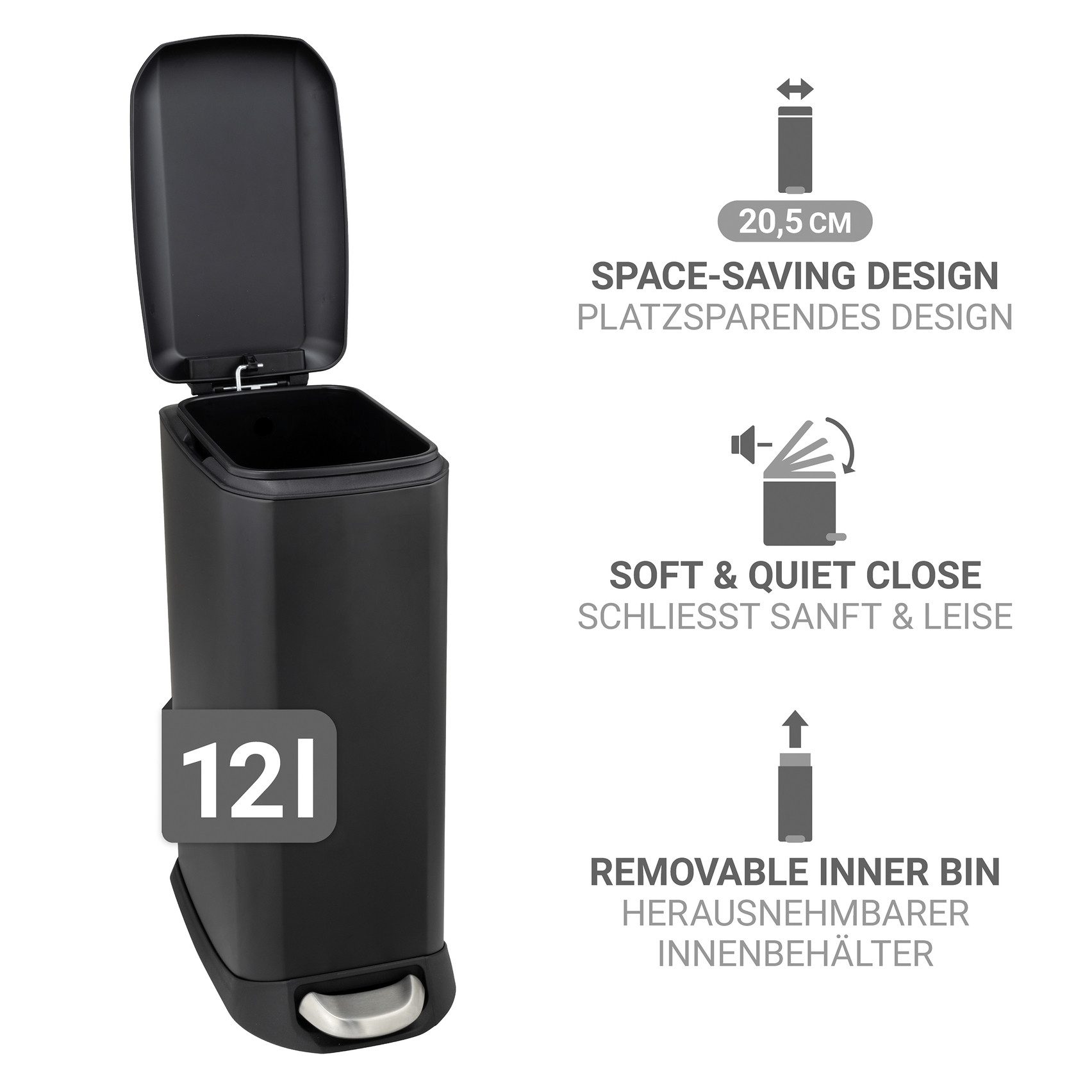 WENKO Mülleimer Modell Design, Abfalleimer mit Absenkautomatik und herausnehmbarem Einsatz