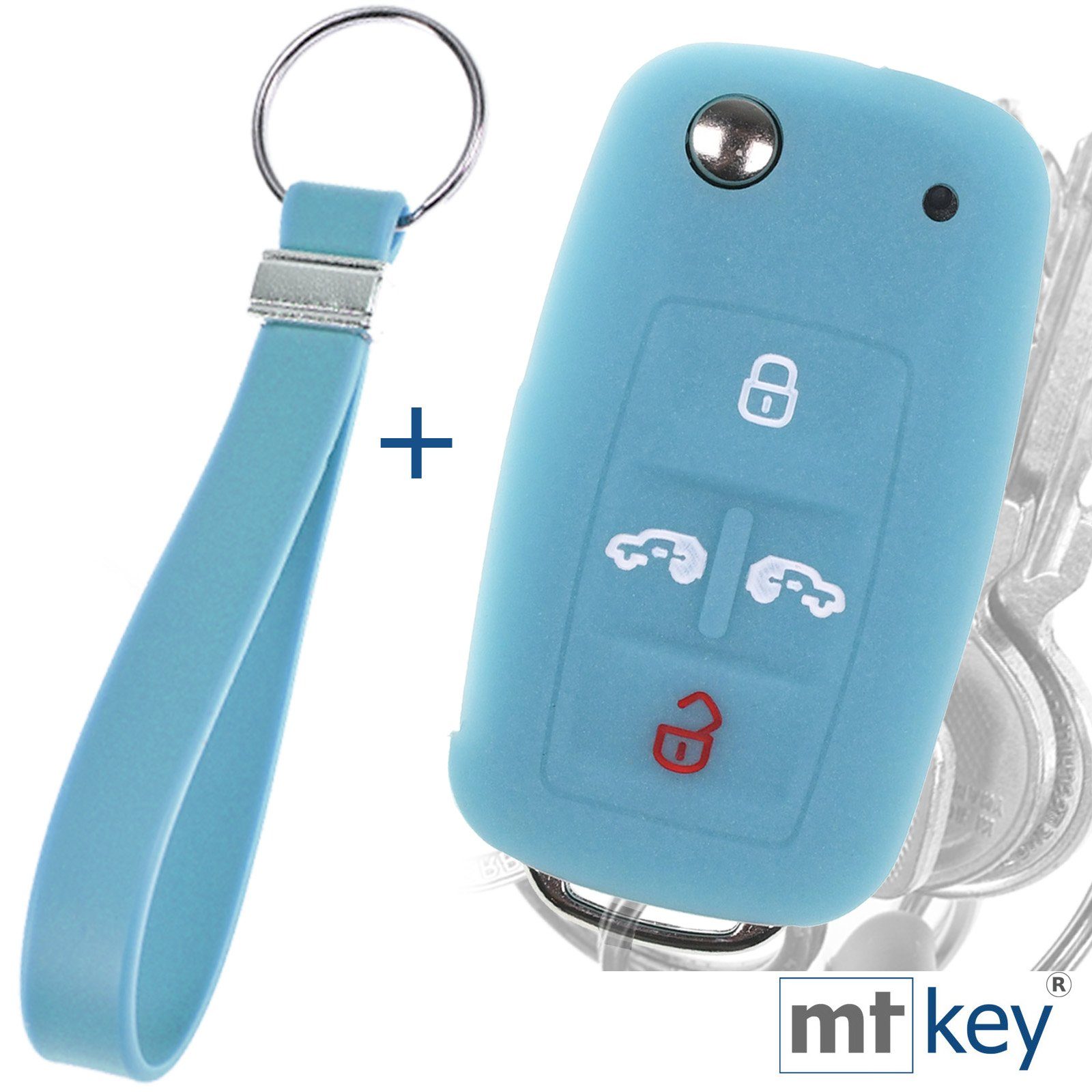 mt-key Schlüsseltasche Autoschlüssel Silikon Schutzhülle Wabe Design Glowblue + Schlüsselband, für VW Multivan Sharan T5 T6 Caddy Seat Alhambra 4 Tasten Schlüssel Fluoreszierend Blau