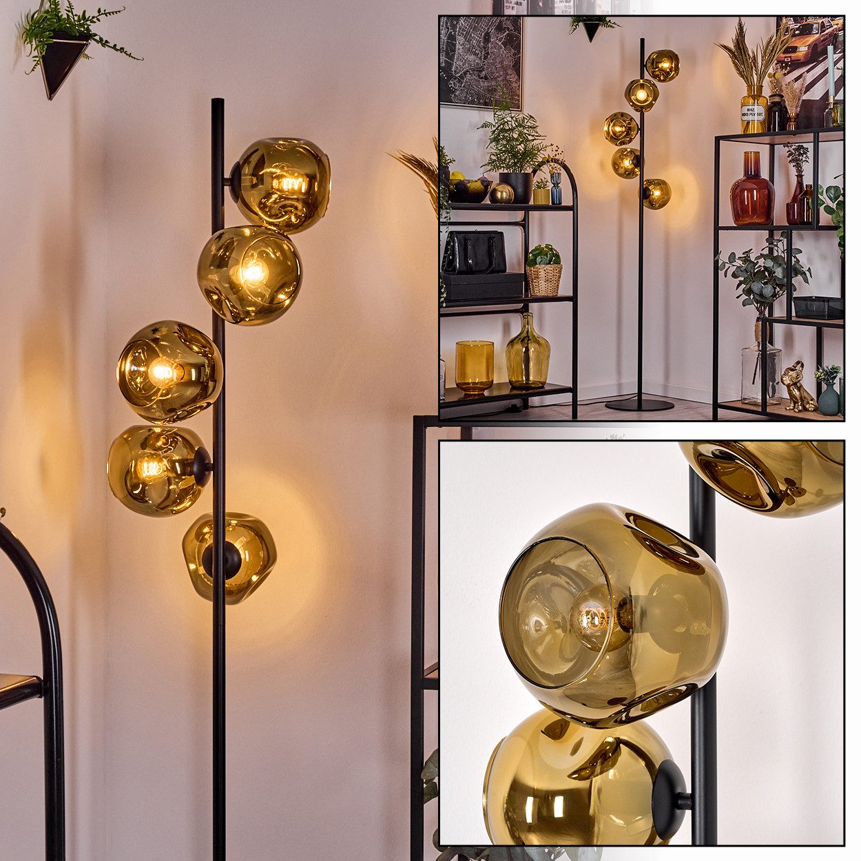 Stehlampe Stehlampe aus Metall/Glas in Schwarz/Goldfarben