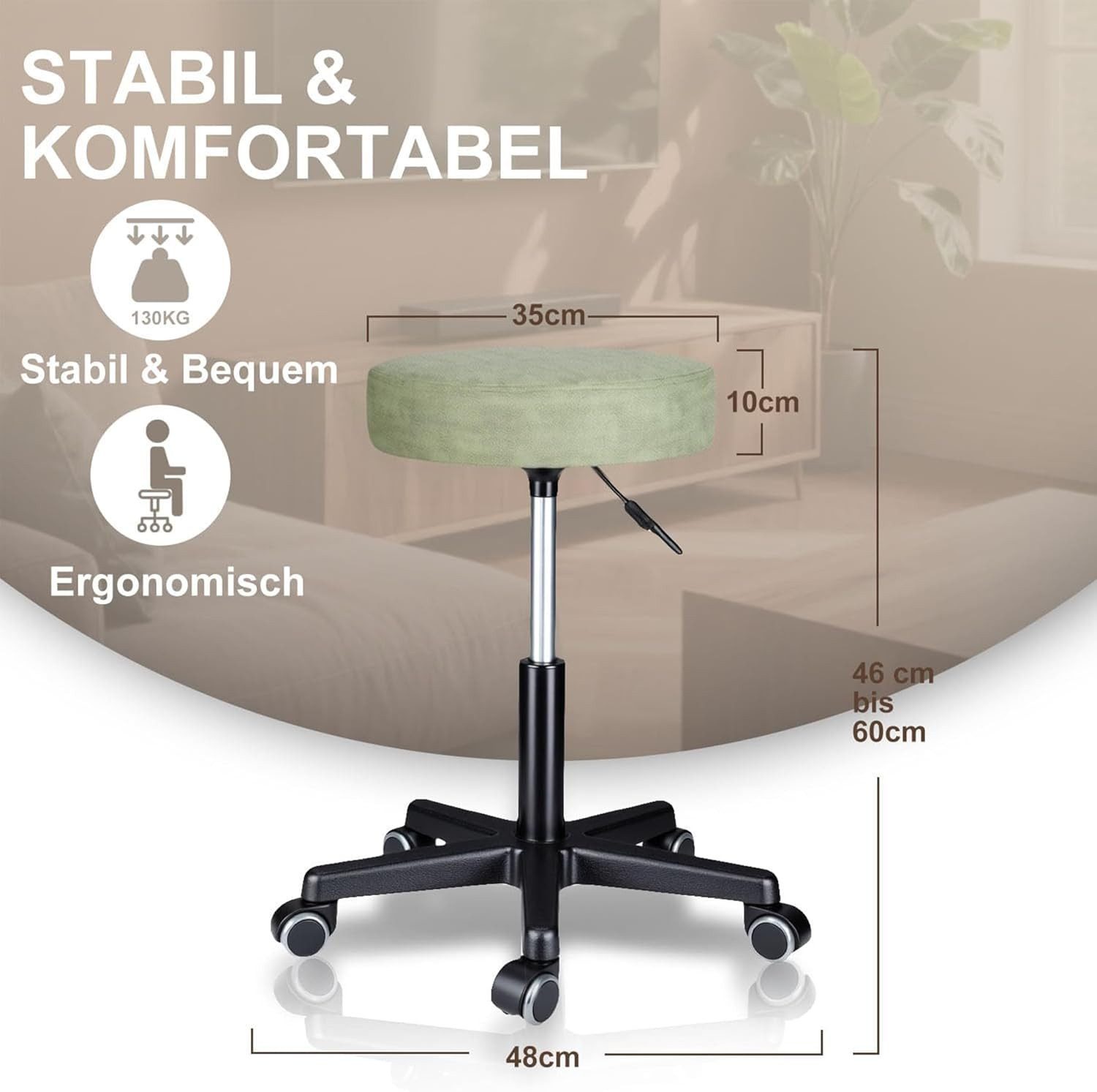 Zedelmaier Hocker Drehhocker Bürohocker Barhocker Arbeitshocker Polsterung, 44-58cm Höhenverstellbarer, 360°drehbar mit 5 Rollen