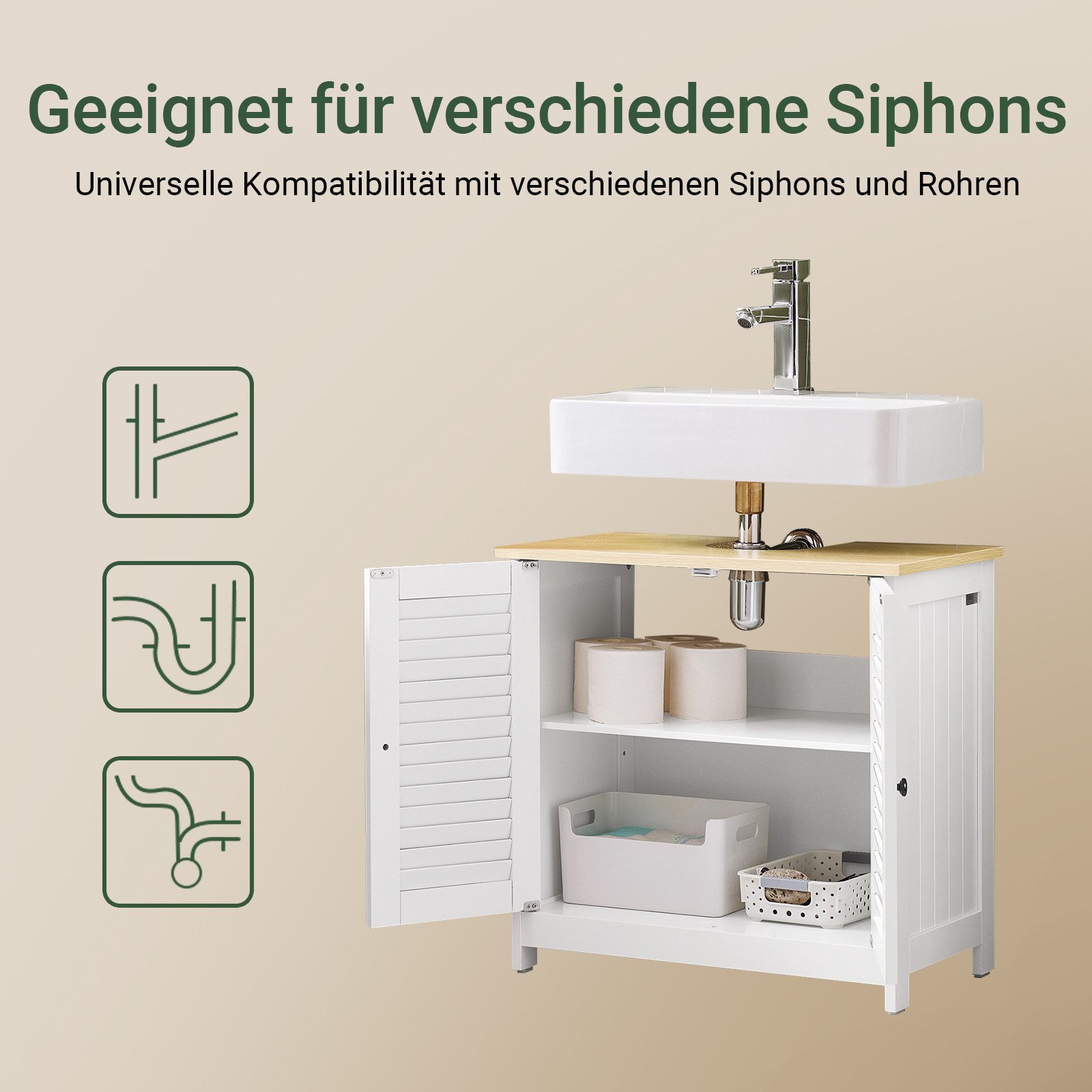 SoBuy Waschbeckenunterschrank FRG237, Waschtischunterschrank mit 2 Türen, verstellbare Ablage Badezimmerschrank Waschbeckenunterschrank Badschrank Unterschrank – Bild 3 von 5
