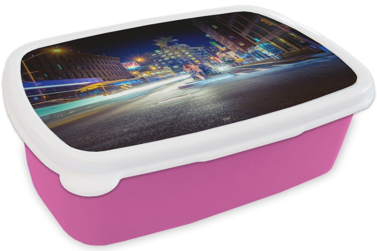 MuchoWow Lunchbox Kunststoff Lichter, - rosa Kunststoff, für Brooklyn New-York Erwachsene, Kinder, Mädchen, Brotbox Snackbox, (2-tlg), Brotdose 