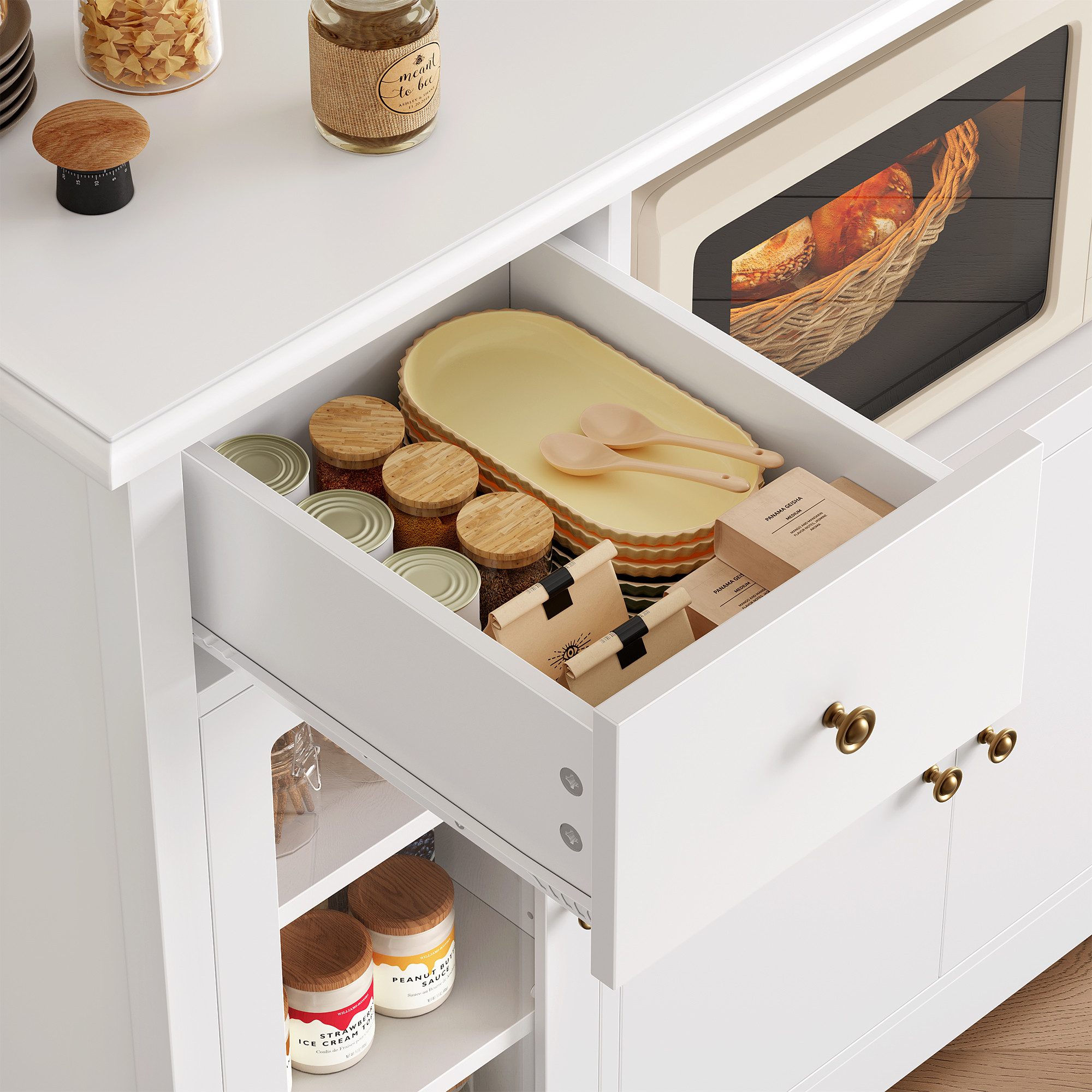 HOMECHO Buffet Küchenschrank weiß Mikrowellenregal mit Schubladen Ablagen