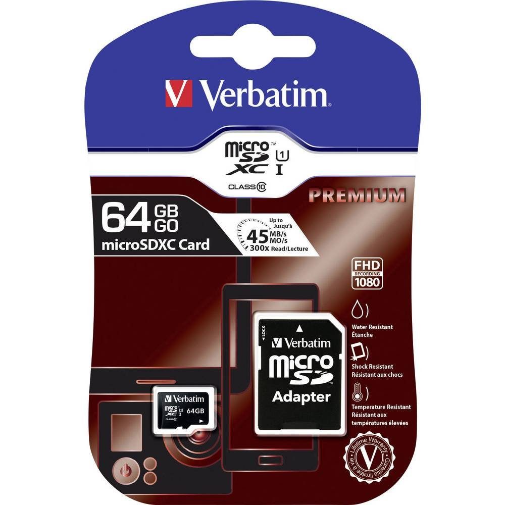 Verbatim microSDHC Karte 64GB Class 10 44084 Speicherkarte (inkl. SD-Adapter)