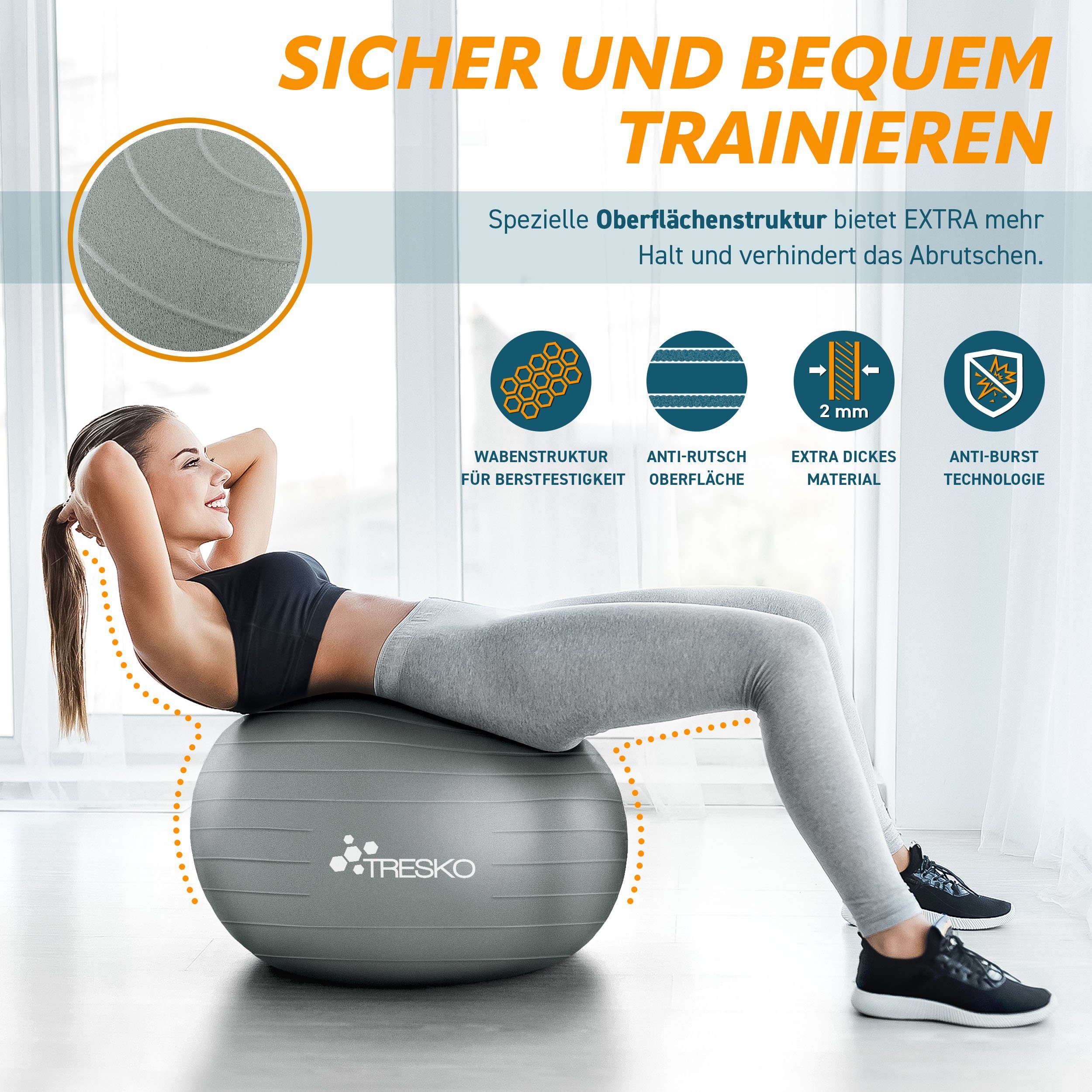 TRESKO Gymnastikball mit GRATIS Übungsposter inkl. Luftpumpe Yogaball, BPA-Frei Sitzball Büro Anti-Burst inkl. Luftpumpe, Fitnessball