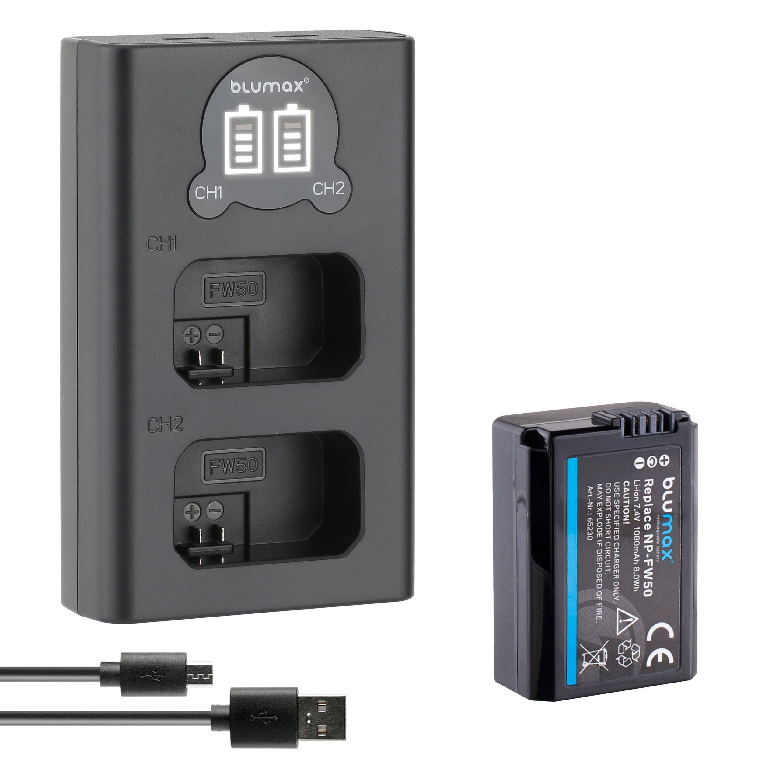 Blumax Akku + Lader für Sony NP-FW50 1080 mAh (7,4V) Kamera-Ladegerät
