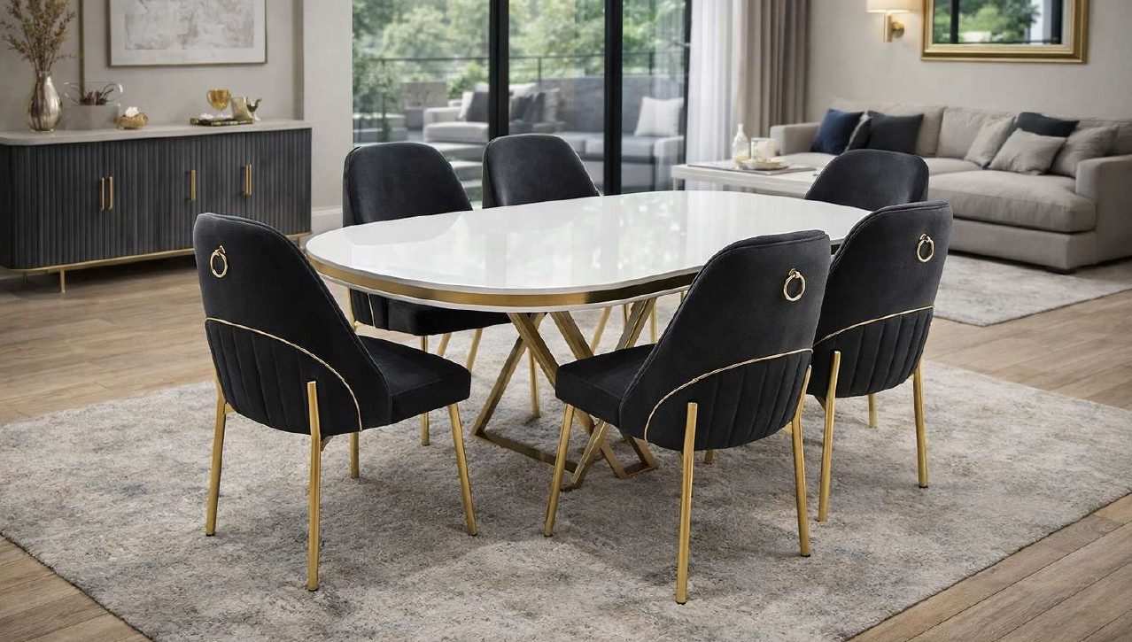 Xlmoebel Esszimmer-Set Moderner ovaler Esstisch mit 6 komfortablen Stühlen in Weiß, (7-St., 1x Tisch, 6x Stühle)