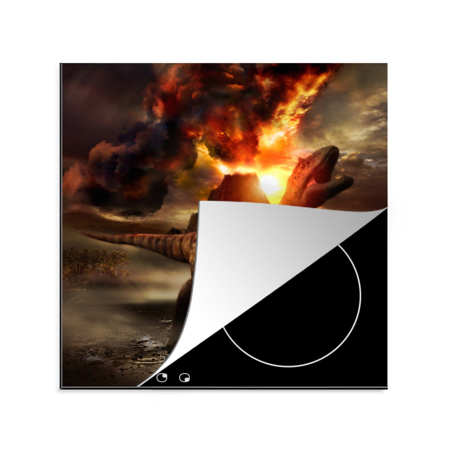MuchoWow Herdblende-/Abdeckplatte Dinosaurier - Vulkan - Feuer, Vinyl, (1 tlg), 78x78 cm, Ceranfeldabdeckung, Arbeitsplatte für küche