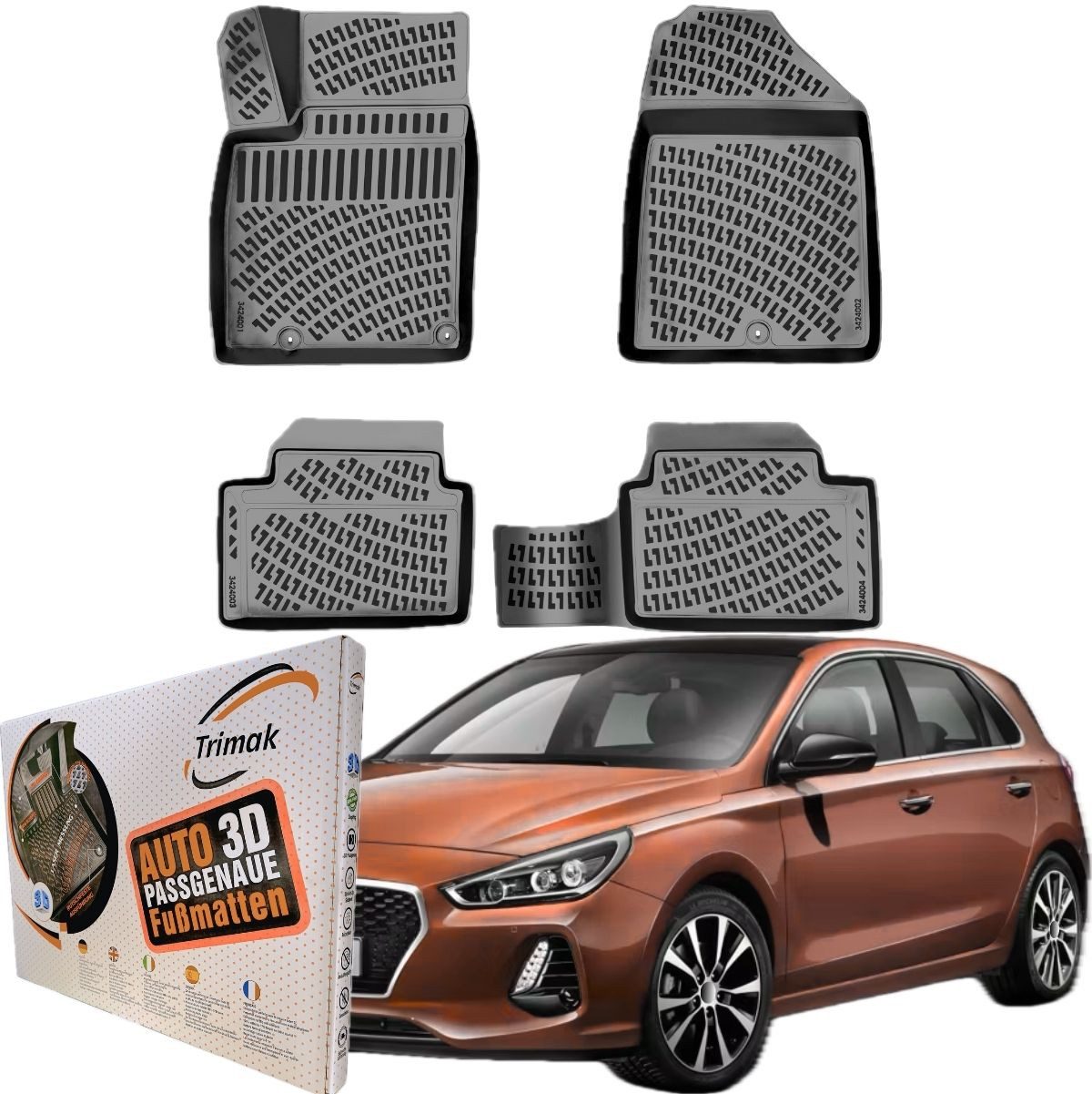 Trimak Passform-Fußmatten Oder Kofferraumwanne Oder Set Hundai i30, Hyundai i30 3. Gen. HB/Kombi ab 2017 Gummimatten Auto TPE