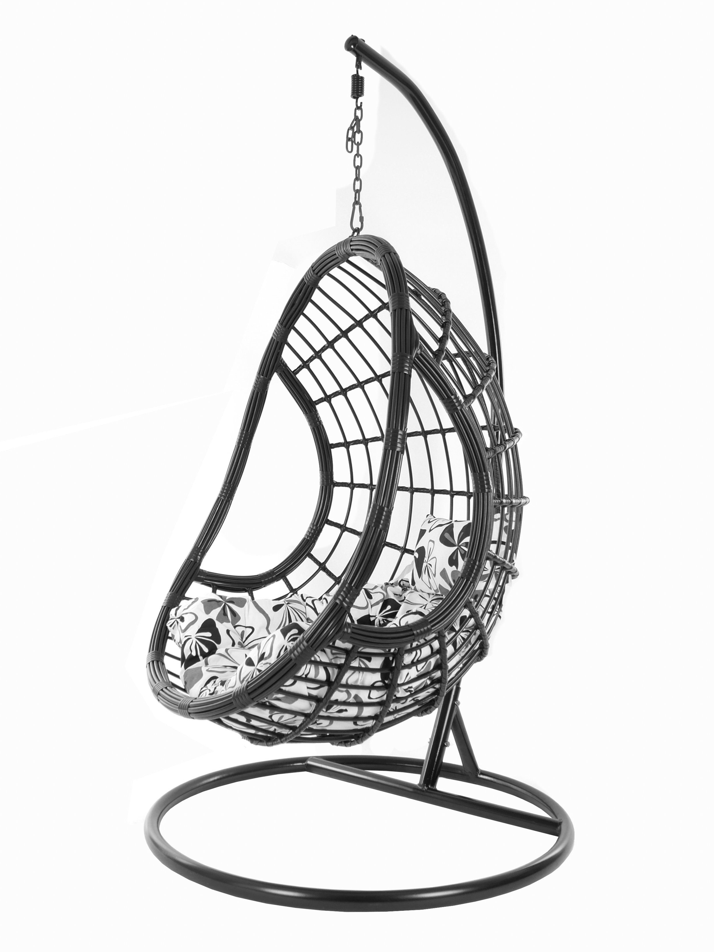 KIDEO Hängesessel PALMANOVA black, Swing Chair, schwarz, Loungemöbel, Hängesessel mit Gestell und Kissen, Schwebesessel, edles Design blumenmuster grau (9800 fossil flower love)