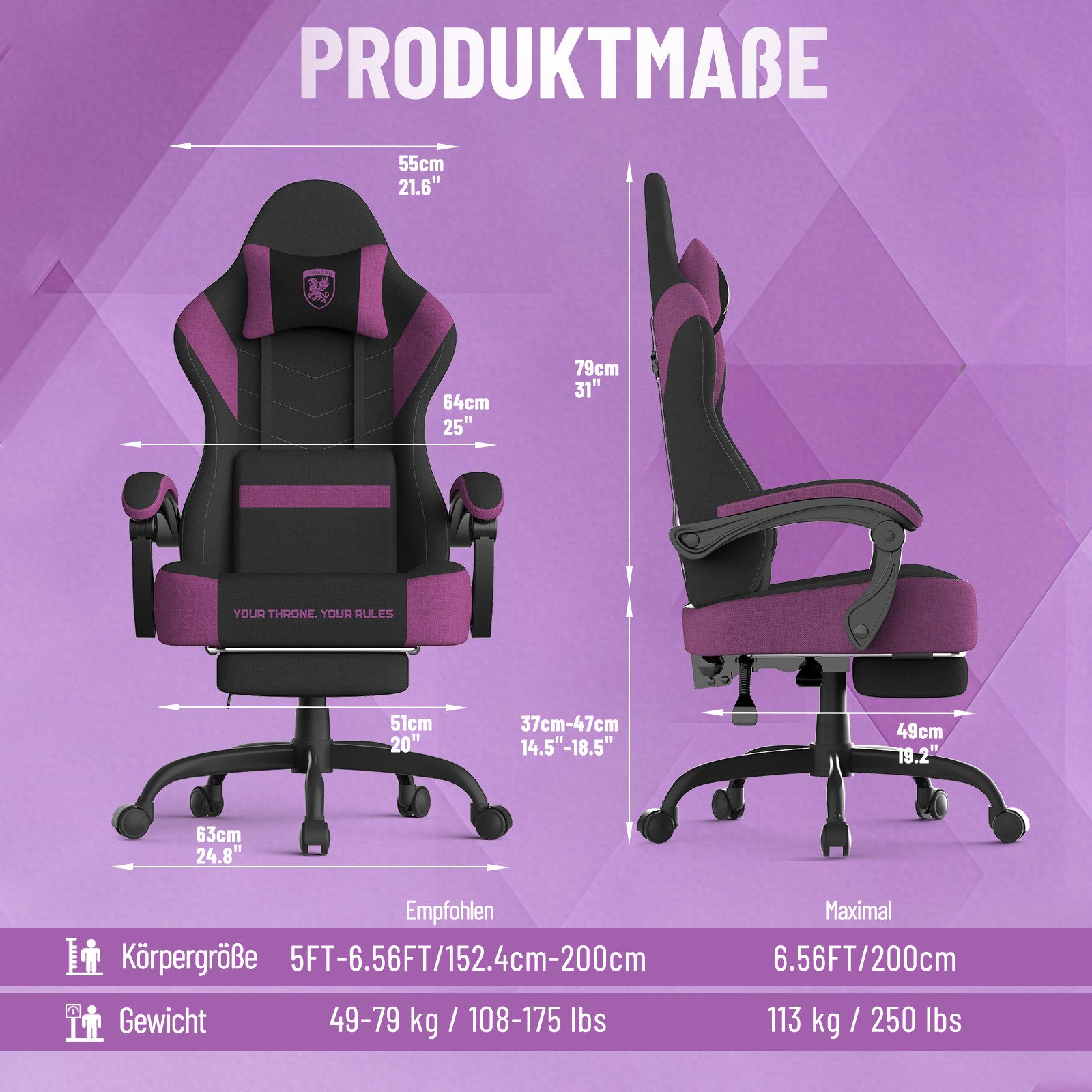 Huracan Gaming-Stuhl PC Stuhl,Gaming Sessel,mit Kopfstütze,Lumbarstütze,Fußstütze (Ergonomischer Gaming-Stuhl,90°–135° Neigung), 360° Drehbarer,ergonomisch Gamer Stuhl