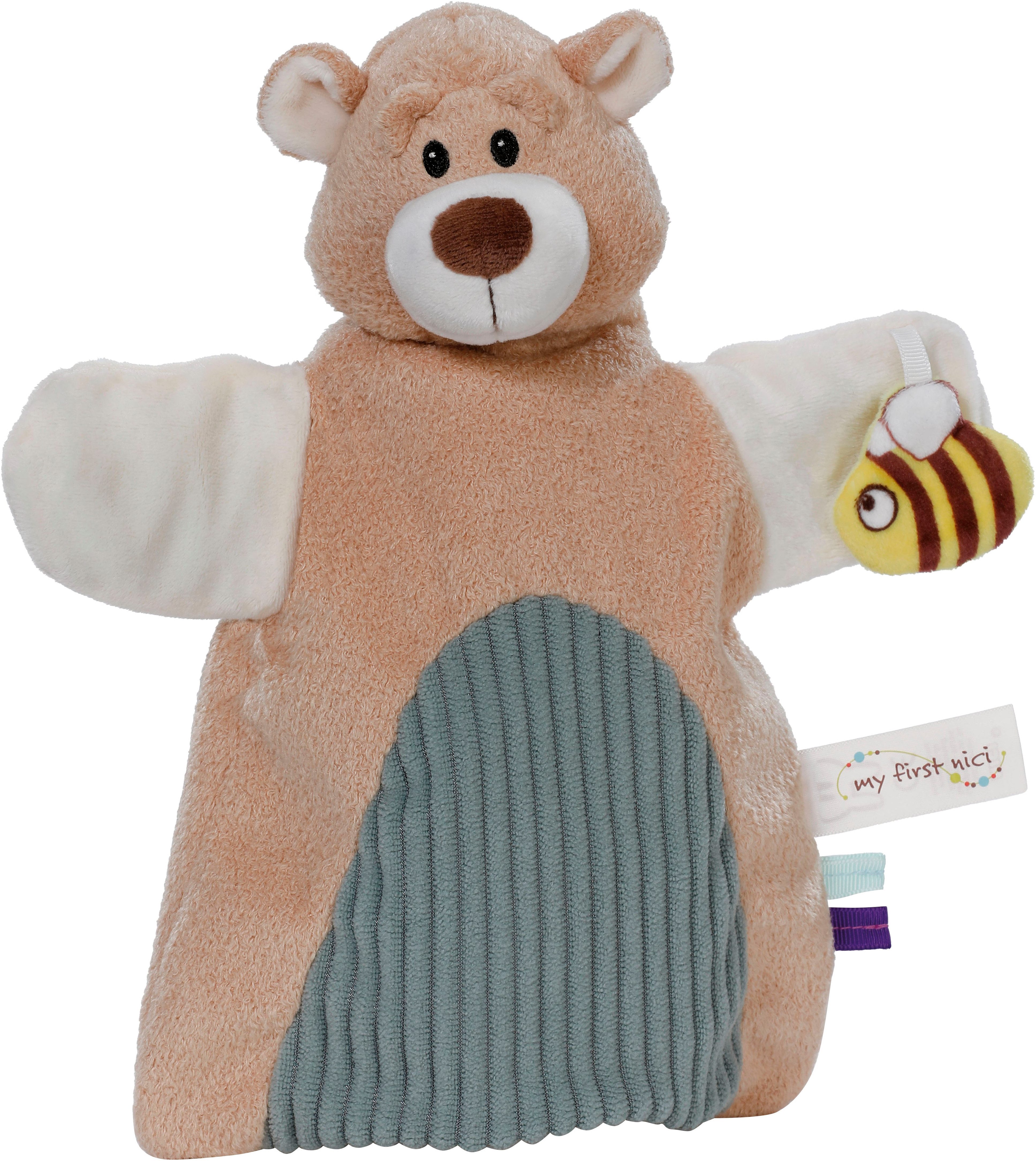 Nici Schmusetuch My first NICI, Handpuppe Bär 2in1 26x25 cm, sanfte Materialmix aus glattem und geripptem Plüsch