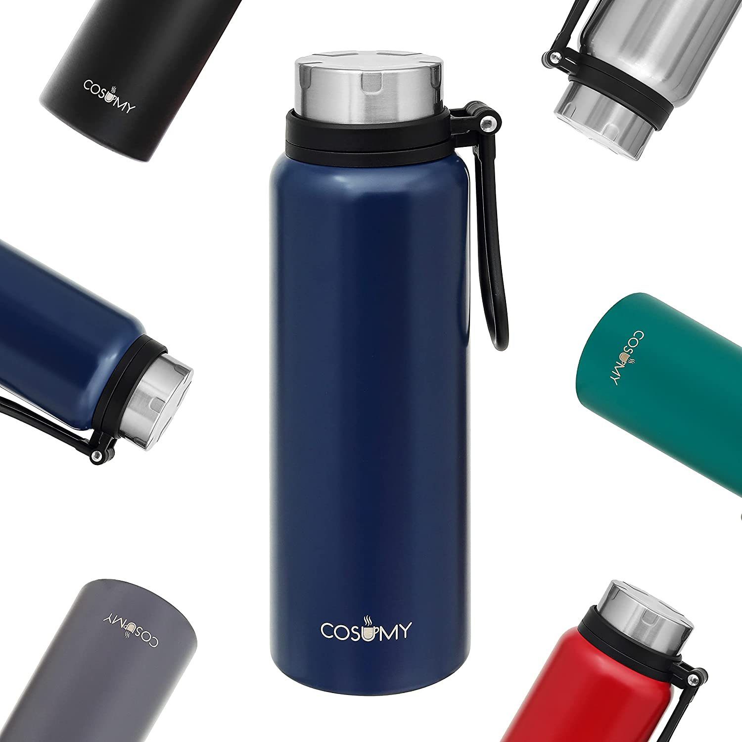 Cosumy Thermobecher Thermosflasche mit Filter 1l Blau, Edelstahl,  Doppelwandiger Edelstahl - Auslaufsicher - Kohlensäure geeignet - Ideal für  Unterwegs
