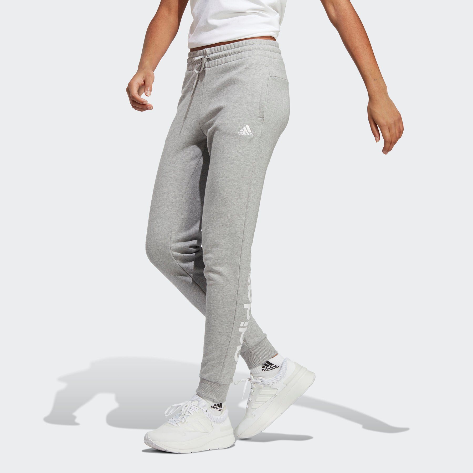 adidas Sportswear Sporthose ESSENTIALS LINEAR FRENCH TERRY CUFFED HOSE (1-tlg) Medium Grey Heather / White