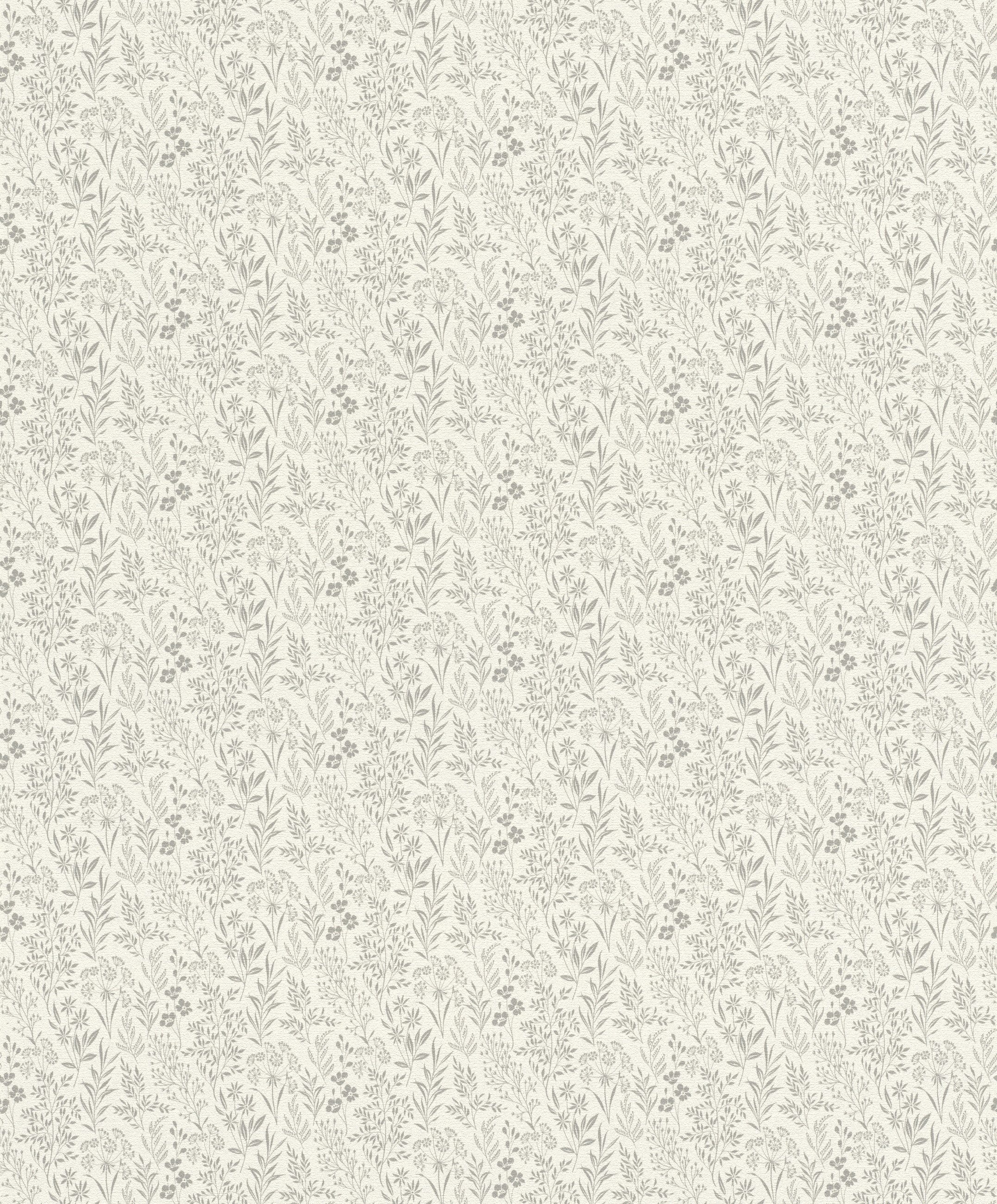 Rasch Vliestapete mit Blumen und Blätter-Muster in Grau und Creme, strukturiert, naturalistisch, matt, gemustert, botanisch, (1 St), Blümchen