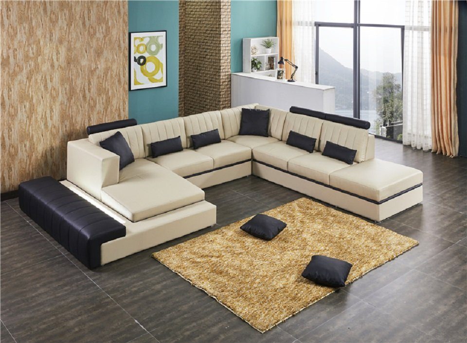 Beige/Schwarz JVmoebel Leder Couch Sofa Ecksofa, Modern Leder U-Form Ledersofa Wohnlandschaft