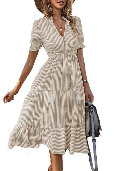 B.X A-Linien-Kleid Damen Midi-Kleider Sommer mit Rüschen und Puffärmeln V-Ausschnitt Lässig locker kurzärmelig Rüschen hohe Taille Striped Beach Dress