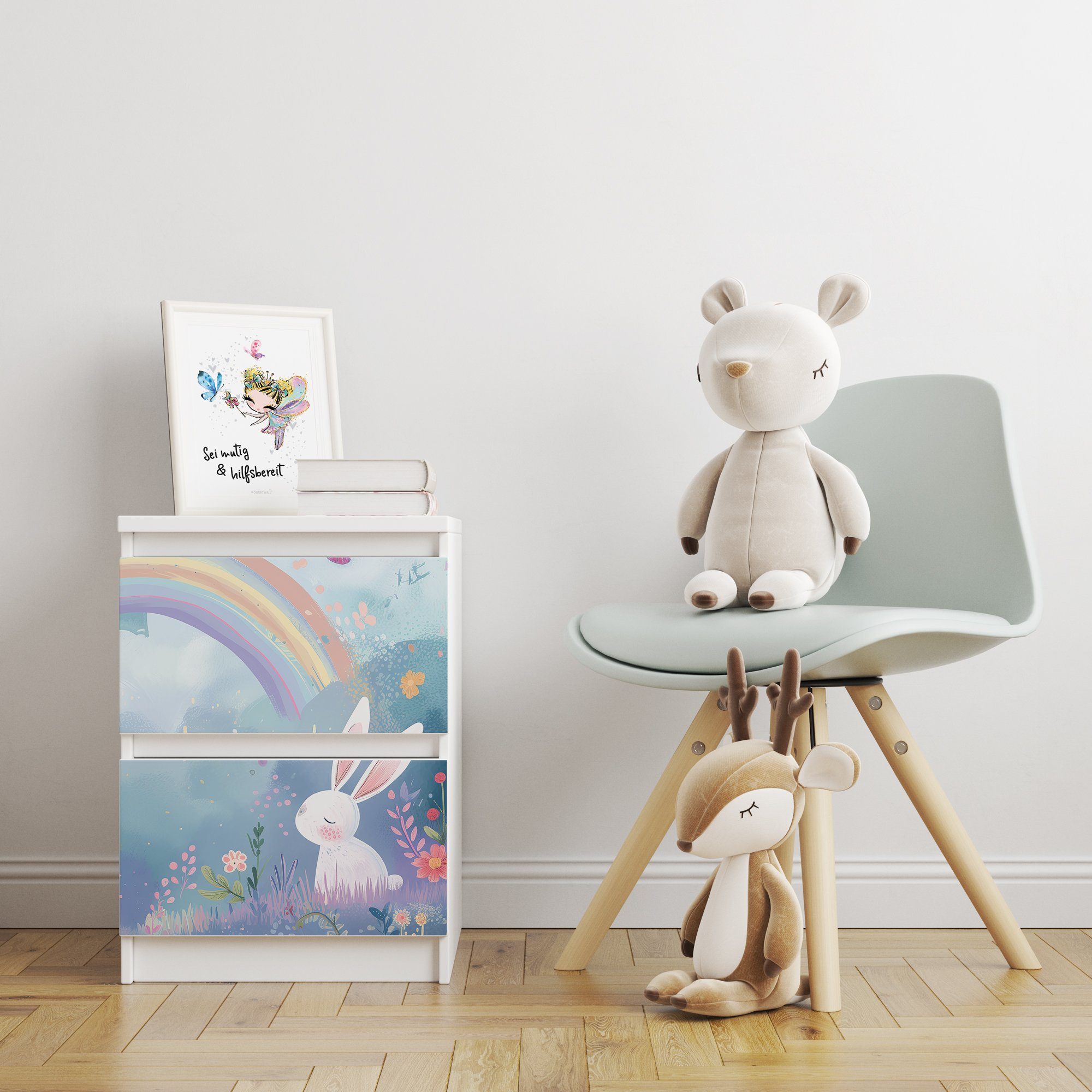 Sunnywall Möbelfolie passend für IKEA Malm Kommode Schrankfolie Aufkleber Hase Regenbogen, blasenfreie selbstklebende Folie (SCHRANK NICHT INKLUSIVE)