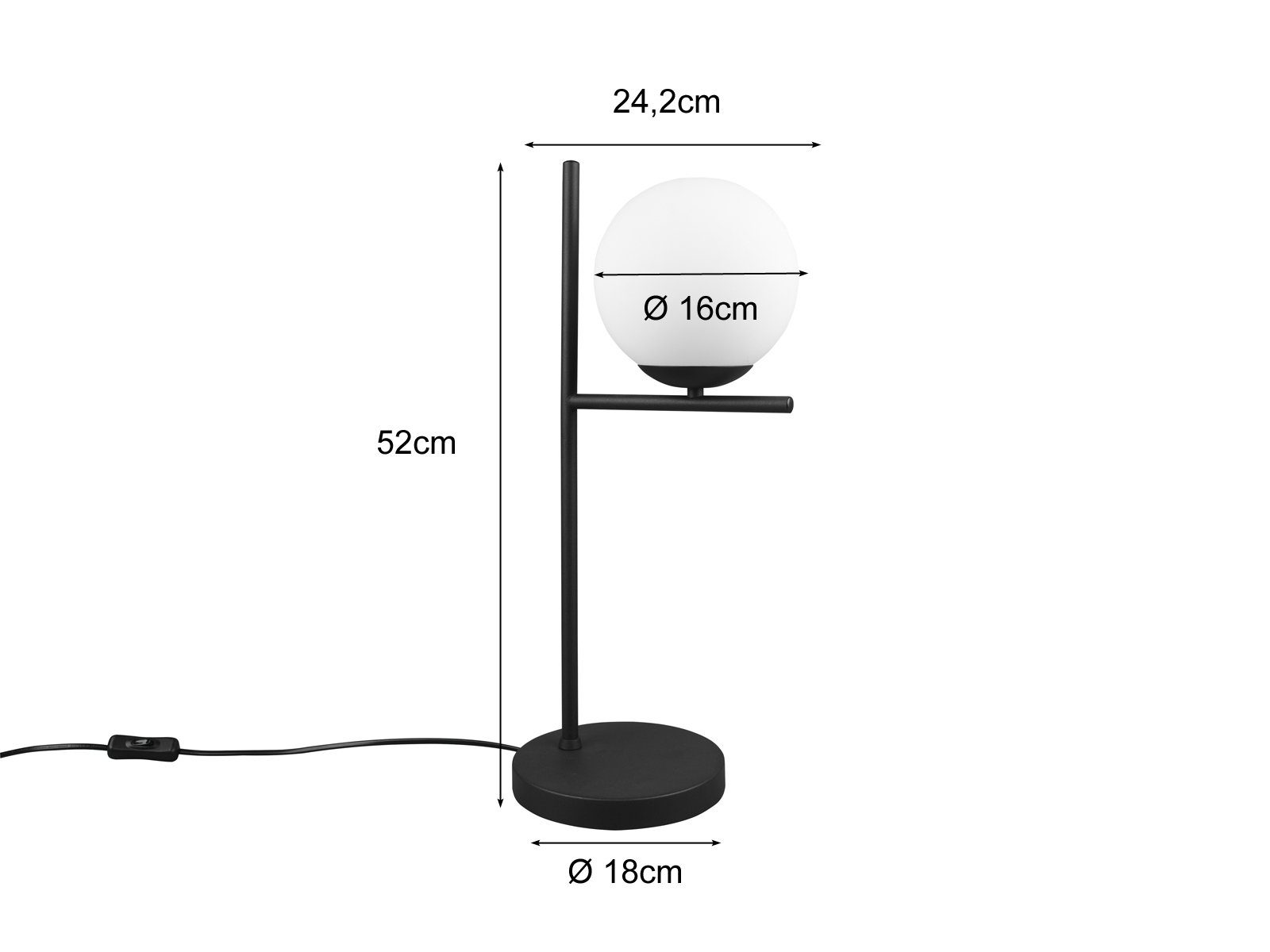Höhe Schwarz, mit Weiß meineWunschleuchte 52cm Nachttischlampe, LED wechselbar, dimmbar-e Schwarz groß-e Dimmfunktion, Warmweiß, matt LED Glas-Kugel Lampenschirm, /