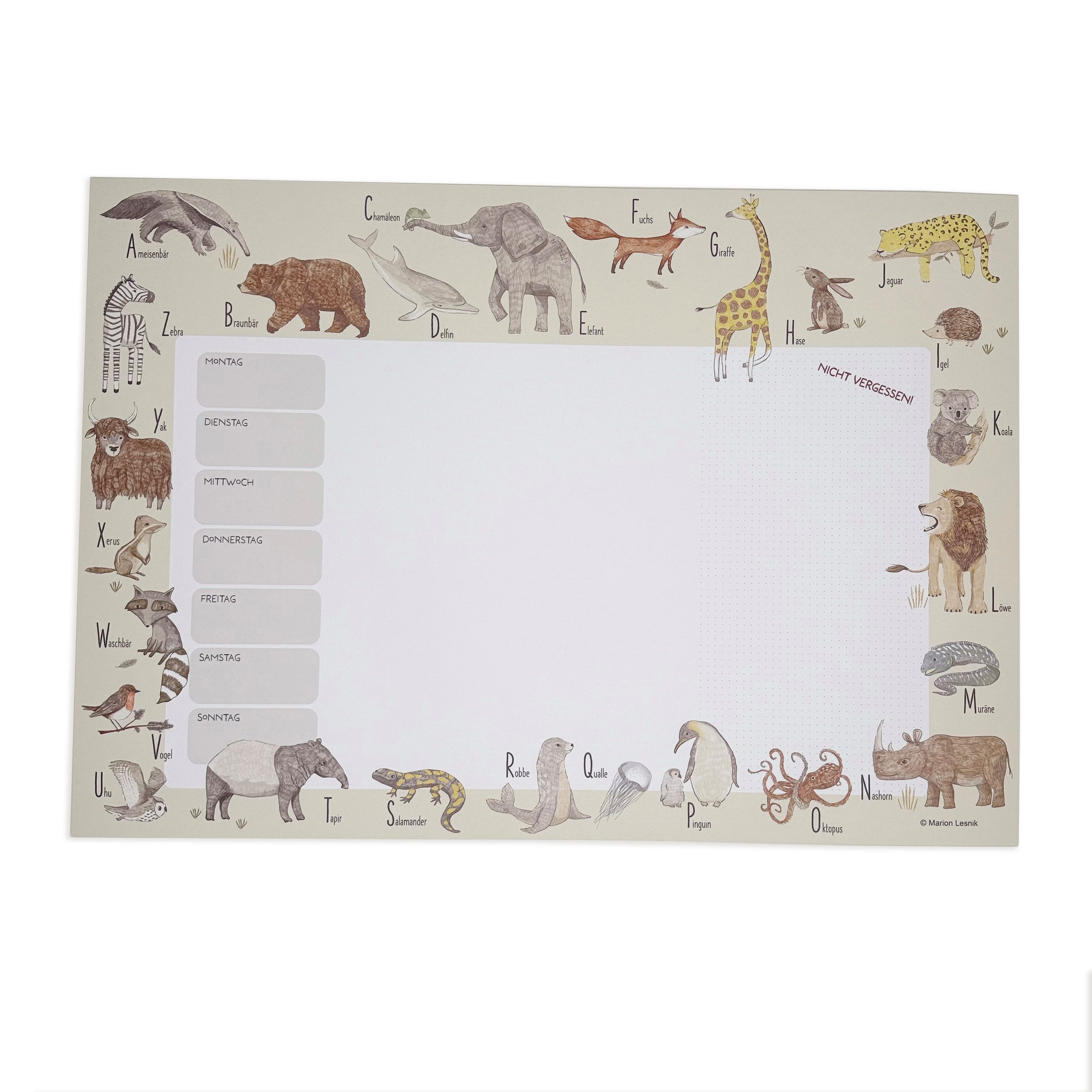 Designforlittleones Schreibtischunterlage Schreibtischunterlage/Wochenplaner Tier ABC