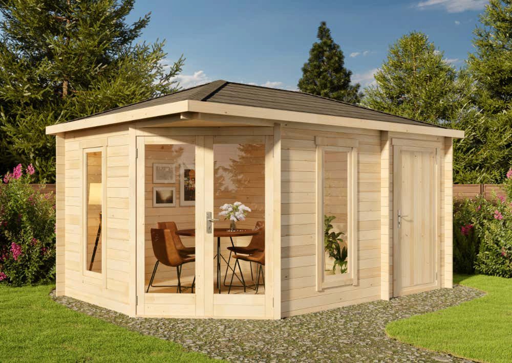 Alpholz Gartenhaus Holz 5-Eck Liwa Compact mit Anbau, BxT: 452x312 cm, in Naturbelassen mit 28mm Wandstärke