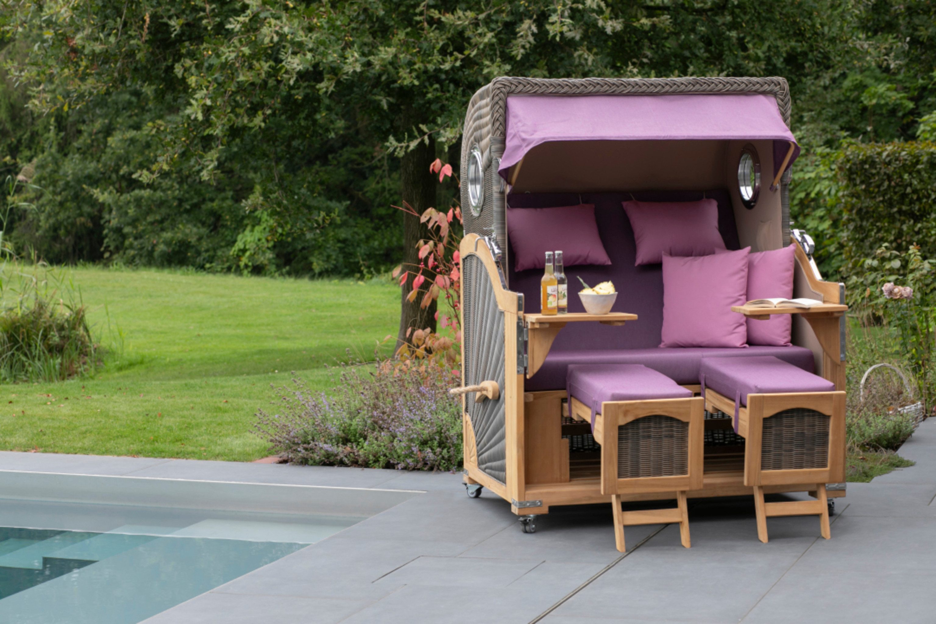 MR.DEKO Strandkorb Strandkorb Düne Grande Bullauge Teak PE Grey Dessin 590, BxTxH: 142x95x170 cm