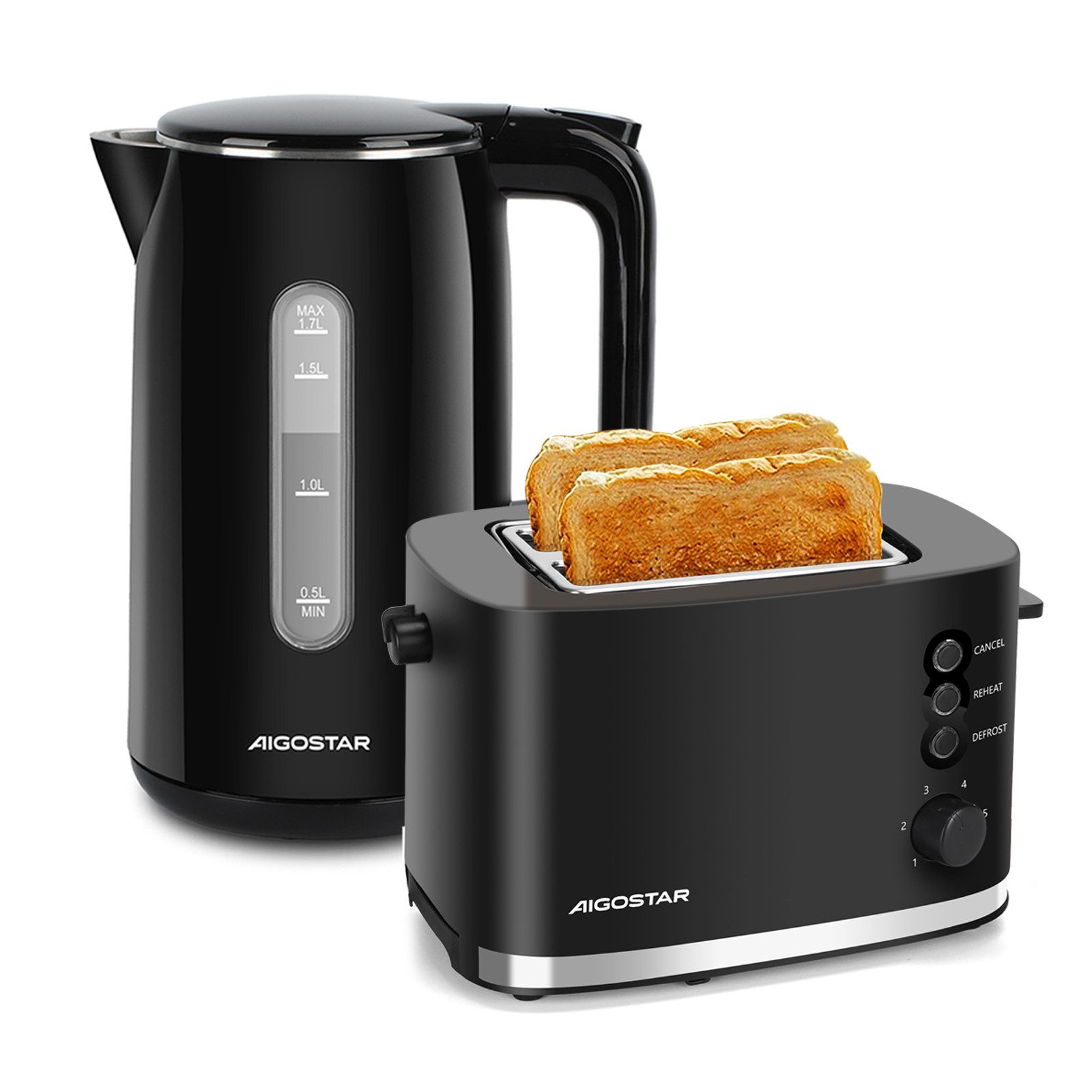 Aigostar Frühstücks-Set Wasserkocher Edelstahl 1,7L, 2200W/Toaster mit Brötchenaufsatz 800W, Doppelwand Design, BPA frei; 6 Bräunungsstufen, Krümelschublade
