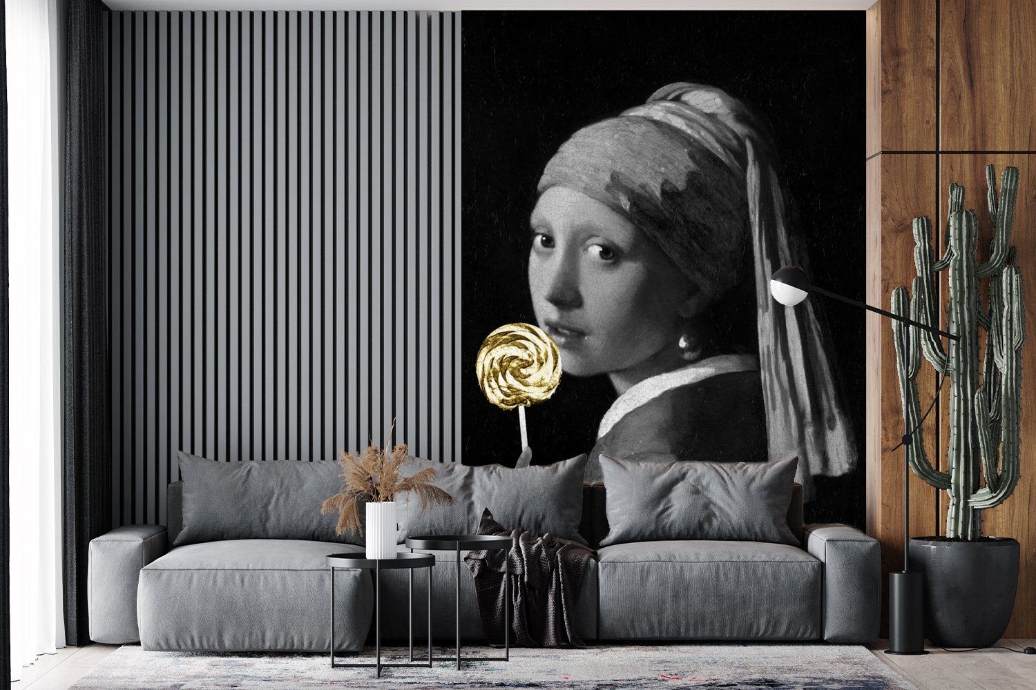 Lollipop Matt, MuchoWow einem Johannes für - - Wandtapete bedruckt, St), mit (3 Gold, - Wohnzimmer, Tapete Montagefertig Perlenohrring Mädchen Vermeer Vinyl Fototapete