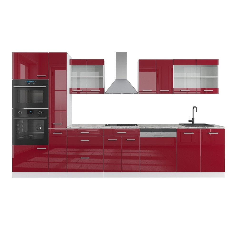 Vicco Küchenzeile R-Line, Rot Hochglanz/Weiß/Weiß, 350 cm mit Hochschrank, ohne Arb...