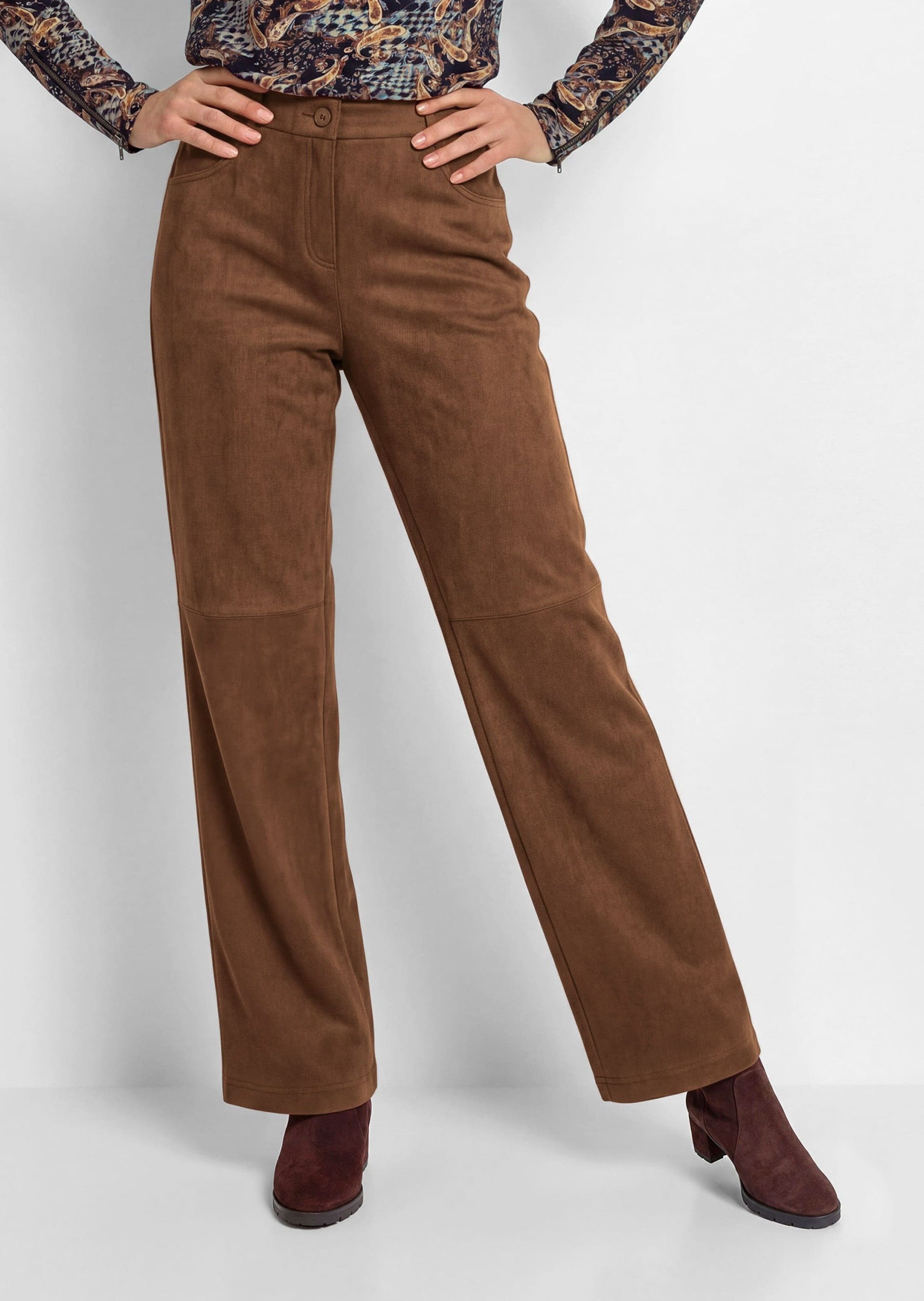 GOLDNER Stoffhose Hose VERA in Veloursleder-Optik Ausgestellte 5-Pocket-Hose mit Teildehnbund und Ziernaht