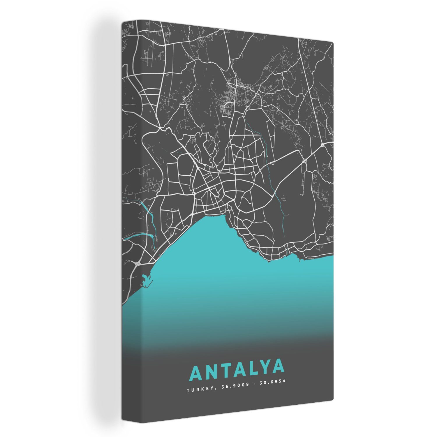 OneMillionCanvasses® Leinwandbild Antalya - Stadtplan - Karte - Blau, (1 St), Leinwandbild fertig bespannt inkl. Zackenaufhänger, Gemälde, 20x30 cm
