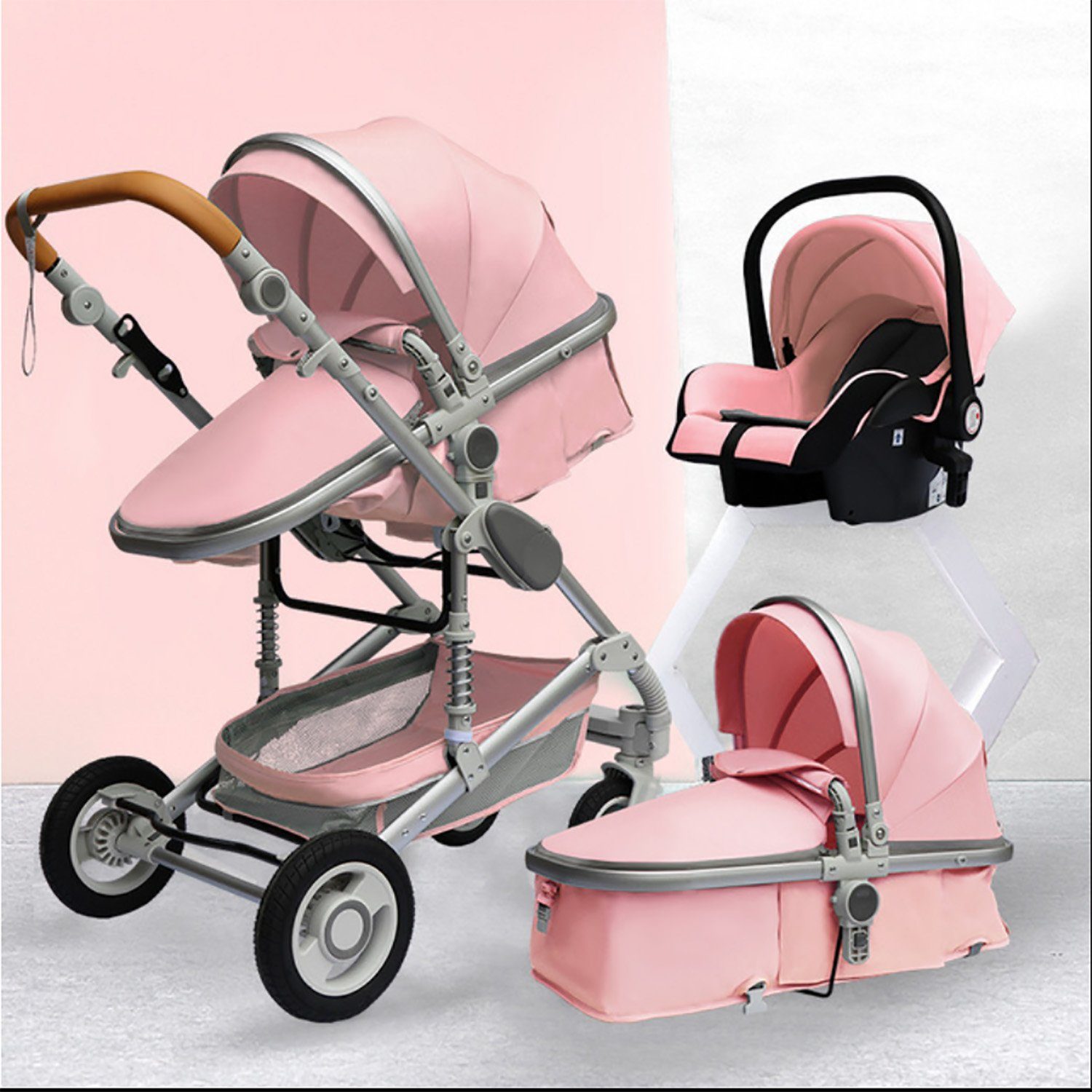 TPFLiving Kombi-Kinderwagen Babyschale Baby Buggy Babywanne 5-Punkt-Sicherheitsgurt Moskitonetz, Getränkehalter Kinderwagen 3 in 1 inkl. großem Zubehörset Rosa