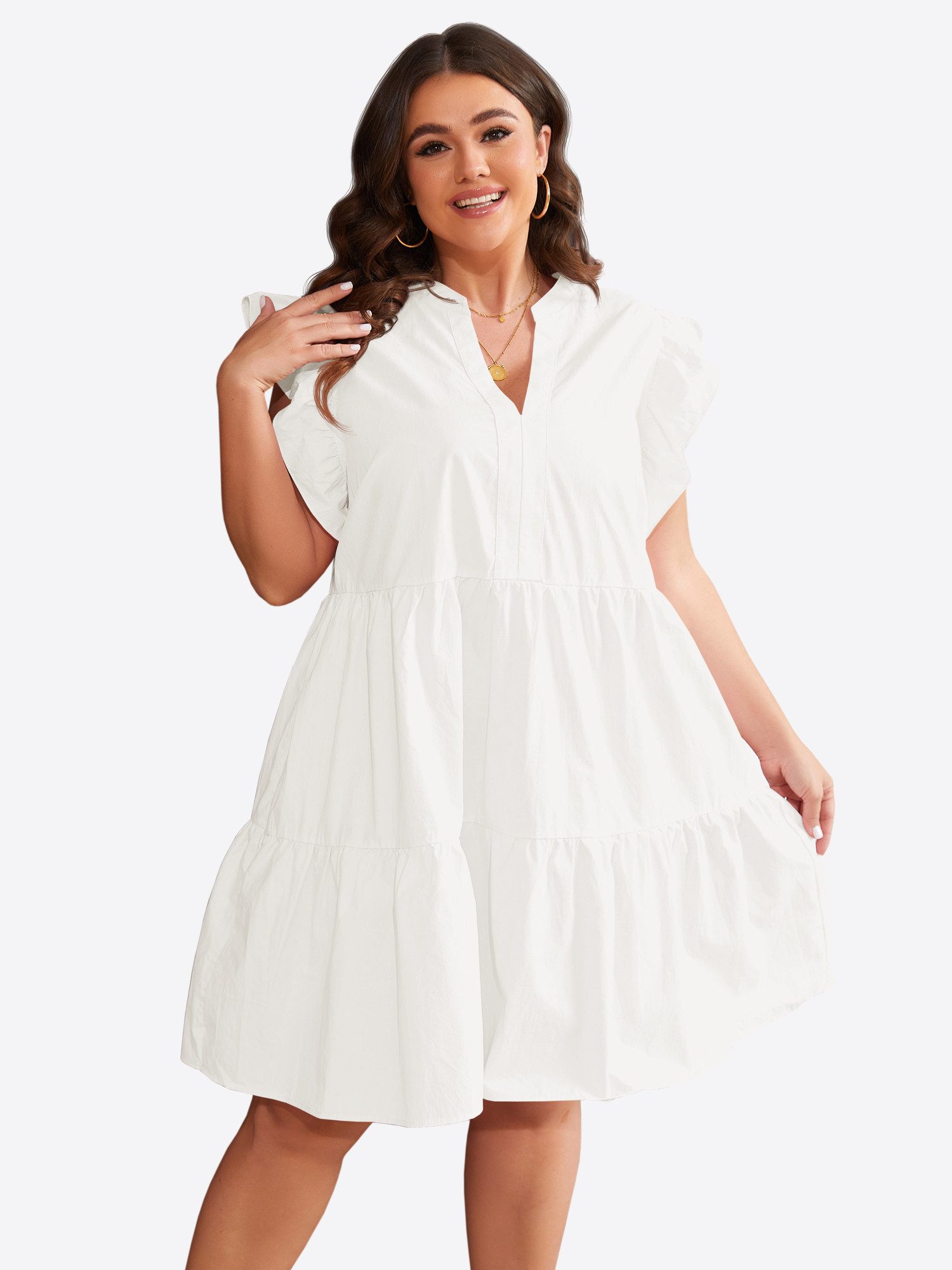 Imily Bela Minikleid Damen Oversize Kurzarm V-Ausschnitt mit Rüschenärmeln A-Linie Sommer (Packung, 1-tlg., 1per-Pack) mit gerüschtem Rock aus Baumwolle in Unifarbe