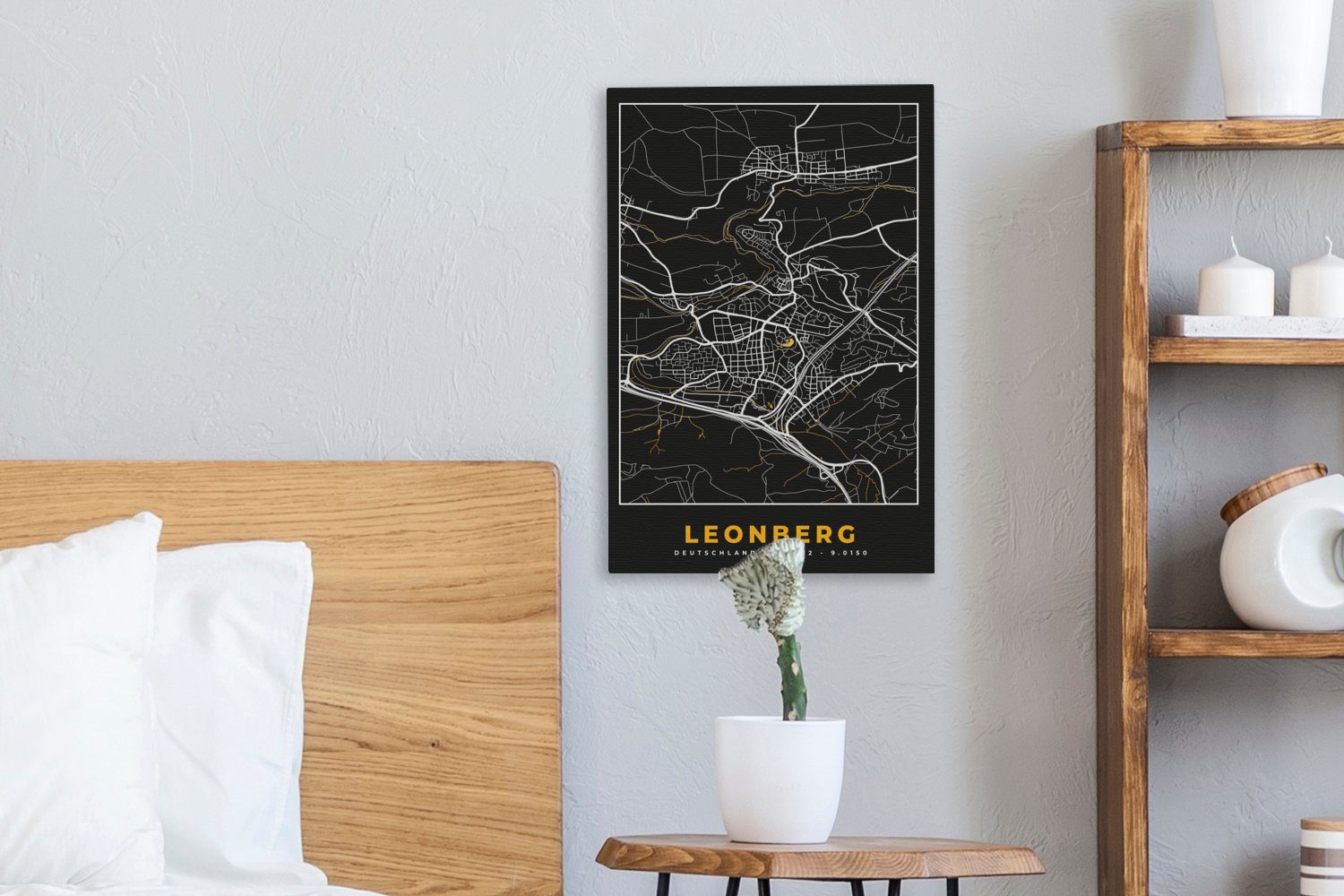 und Leinwandbild Schwarz St), - Stadtplan - (1 Zackenaufhänger, Karte, cm - Leonberg Gold inkl. 20x30 Leinwandbild - fertig Gemälde, Deutschland bespannt OneMillionCanvasses®