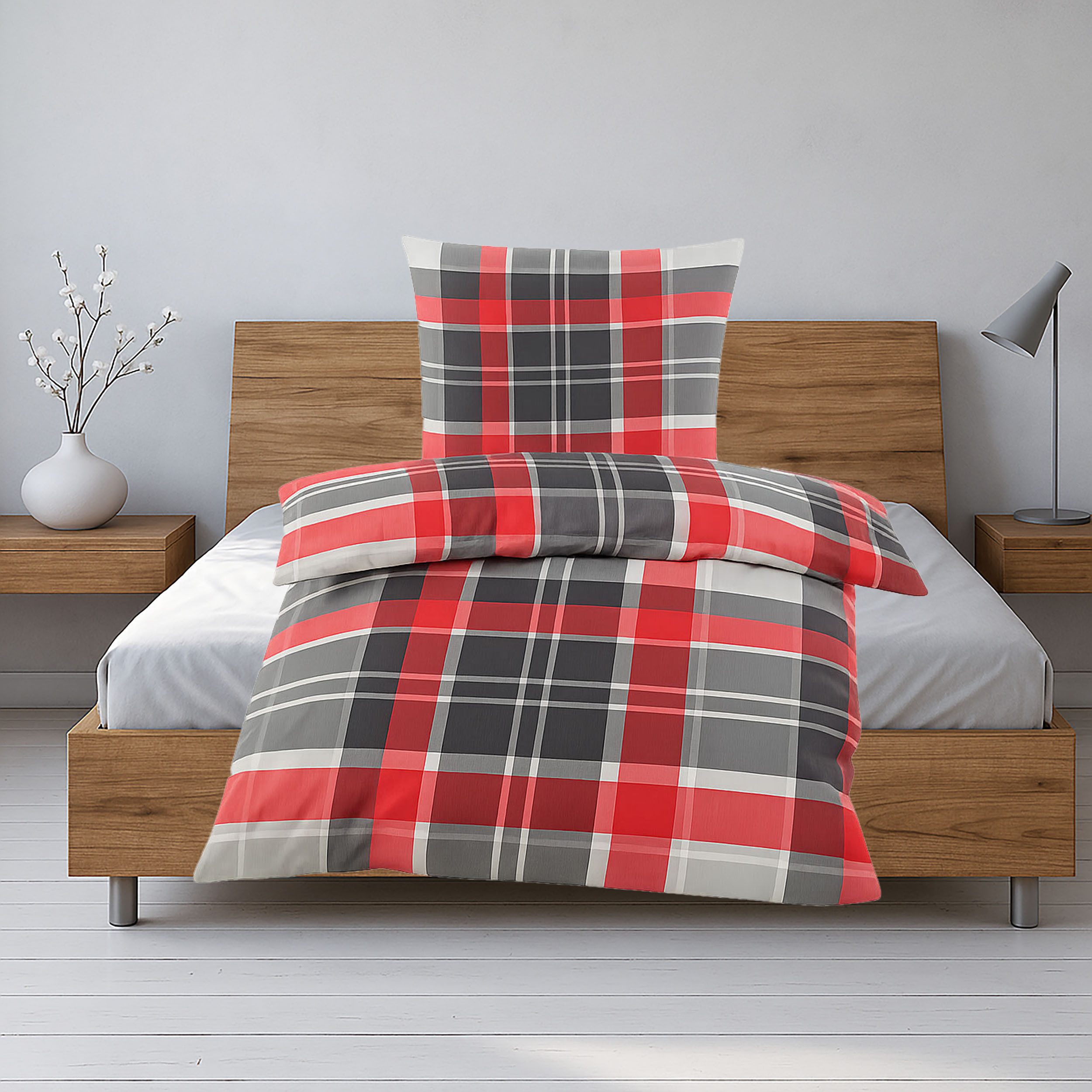 Casa Colori Bettwäsche Seersucker Bettwäsche 135x200 Reißverschluss Rot Grau kariert, Seersucker, 2 teilig, leicht