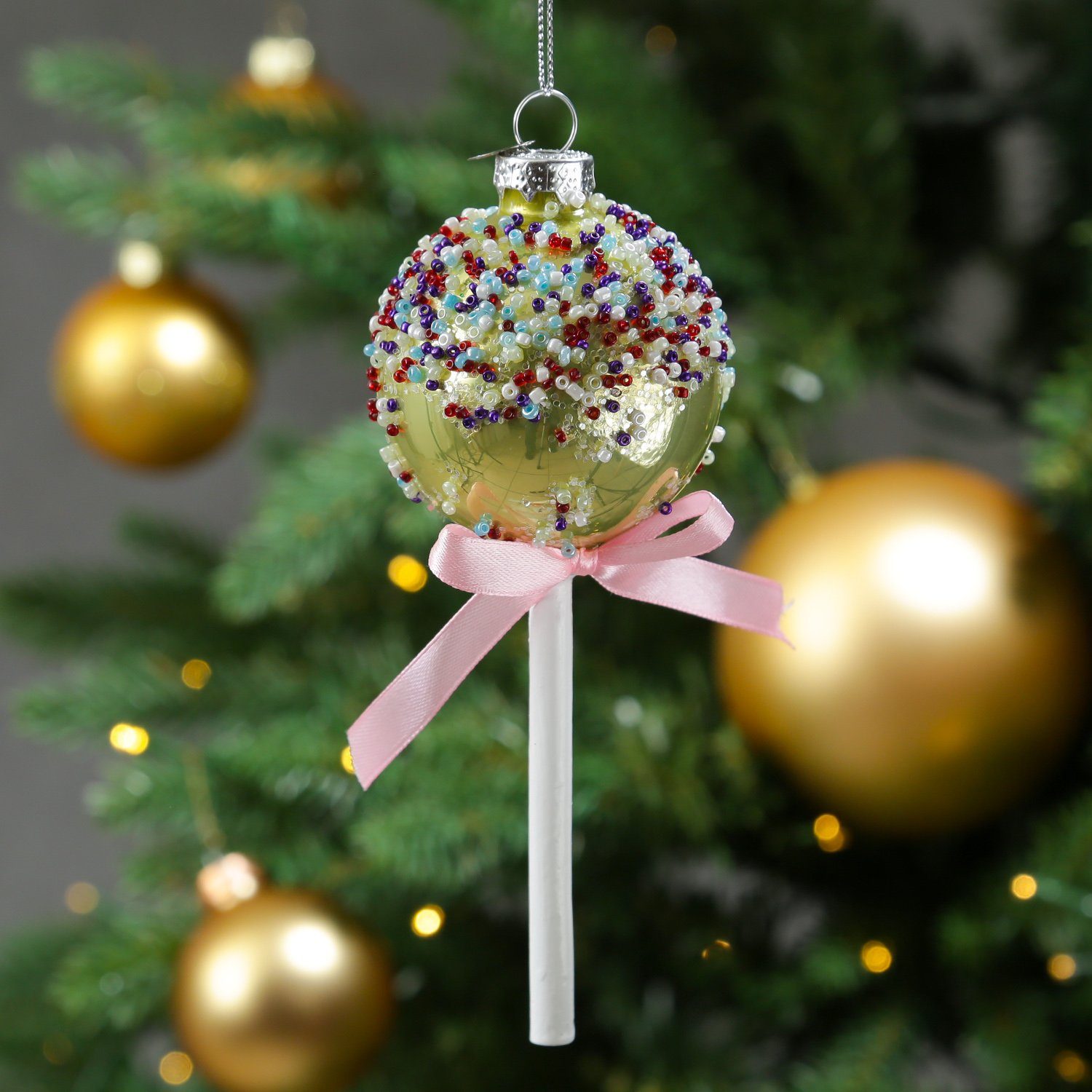 Pop Weihnachtsbaumschmuck mit Cake Glas 16cm Christbaumschmuck Perlen H: MARELIDA gold Lolli