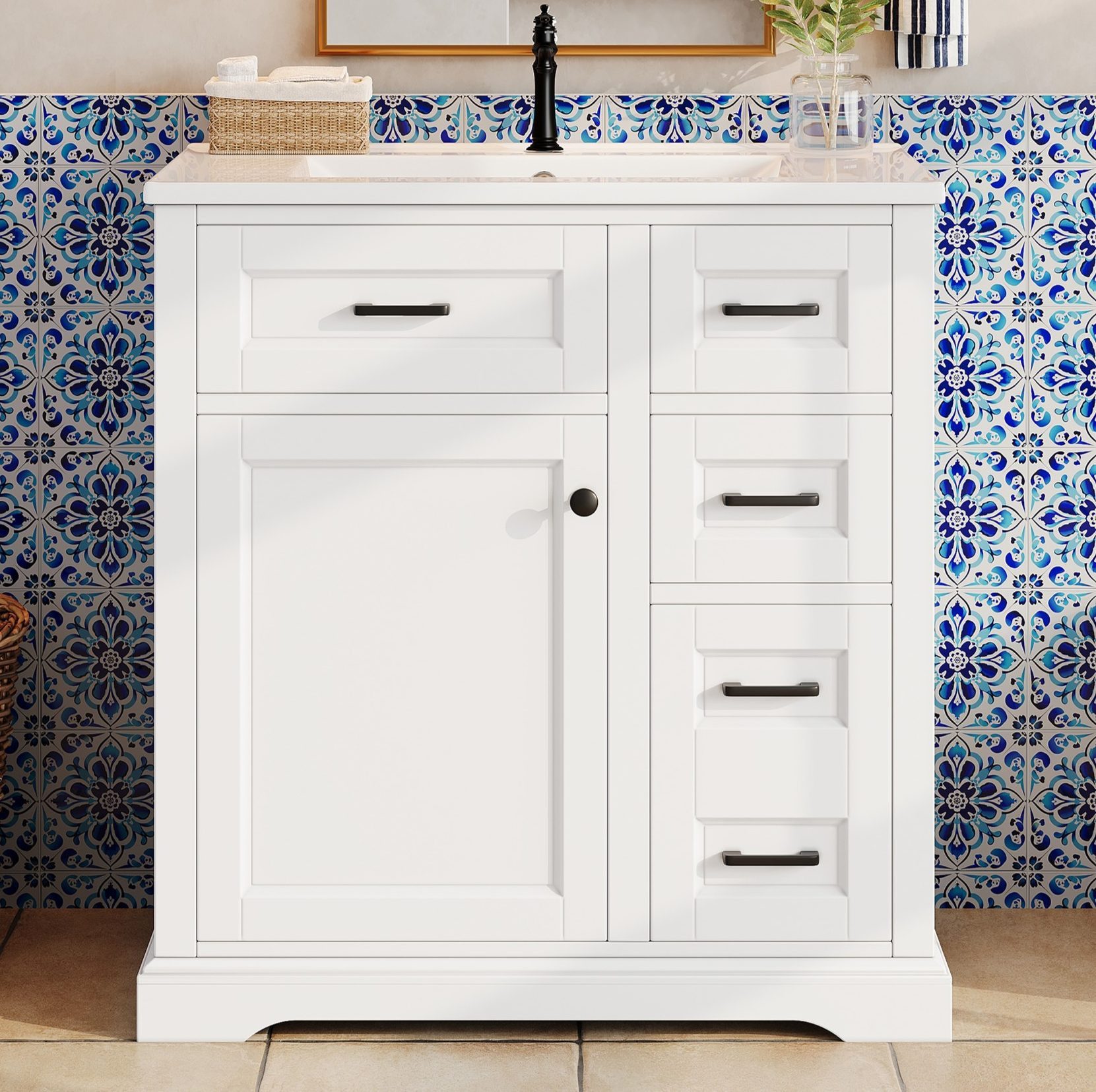OKWISH Waschbeckenunterschrank Badezimmerschrank Badmöbel (mit Keramikwaschbecken, Soft-Close-Türen und zweistufigem Seitenauszug, bodenstehender, Badschrank mit praktischem Türregal)