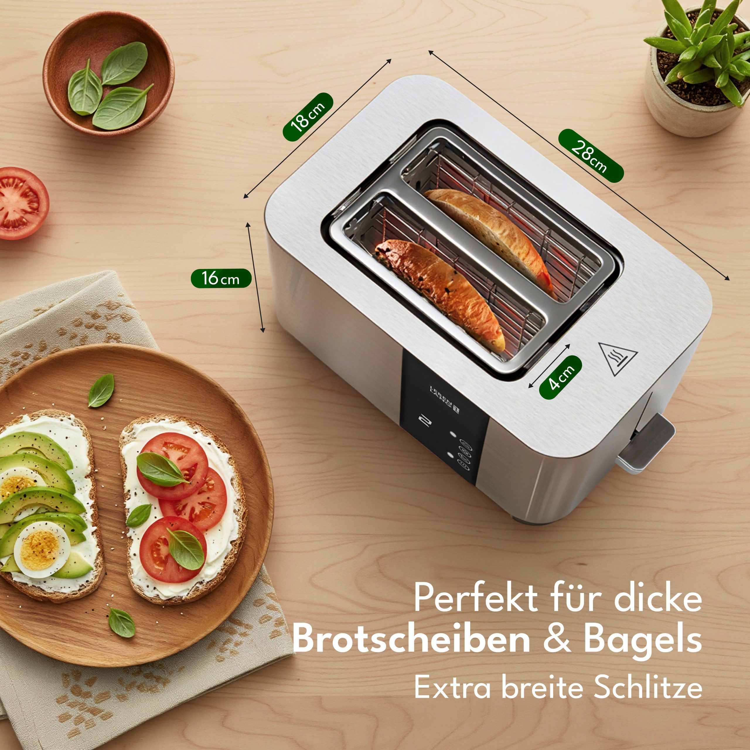 Lebenlang Toaster Premium 2-Scheiben Multifunktionstoaster aus Edelstahl, für 2-Scheiben, 850,00 W, mit Touchscreen-Display, 7 Bräunungsstufen und 4 Funktionen