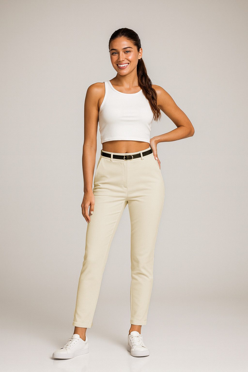 Kendindza Collection Stretch-Hose Damen Hose Stretch mit Gürtel Stoffhose Damen elegant lang Elastisch Chinohose Damen