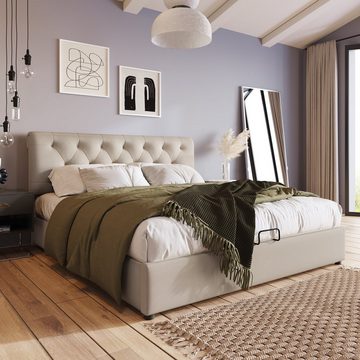 OKWISH Polsterbett Hydraulisch (Verstellbares Kopfteil Doppelbett,Bett mit Lattenrost aus Metallrahmen, Modernes Bettgestell mit Stauraum), 140x200cm, ohne-Matratze